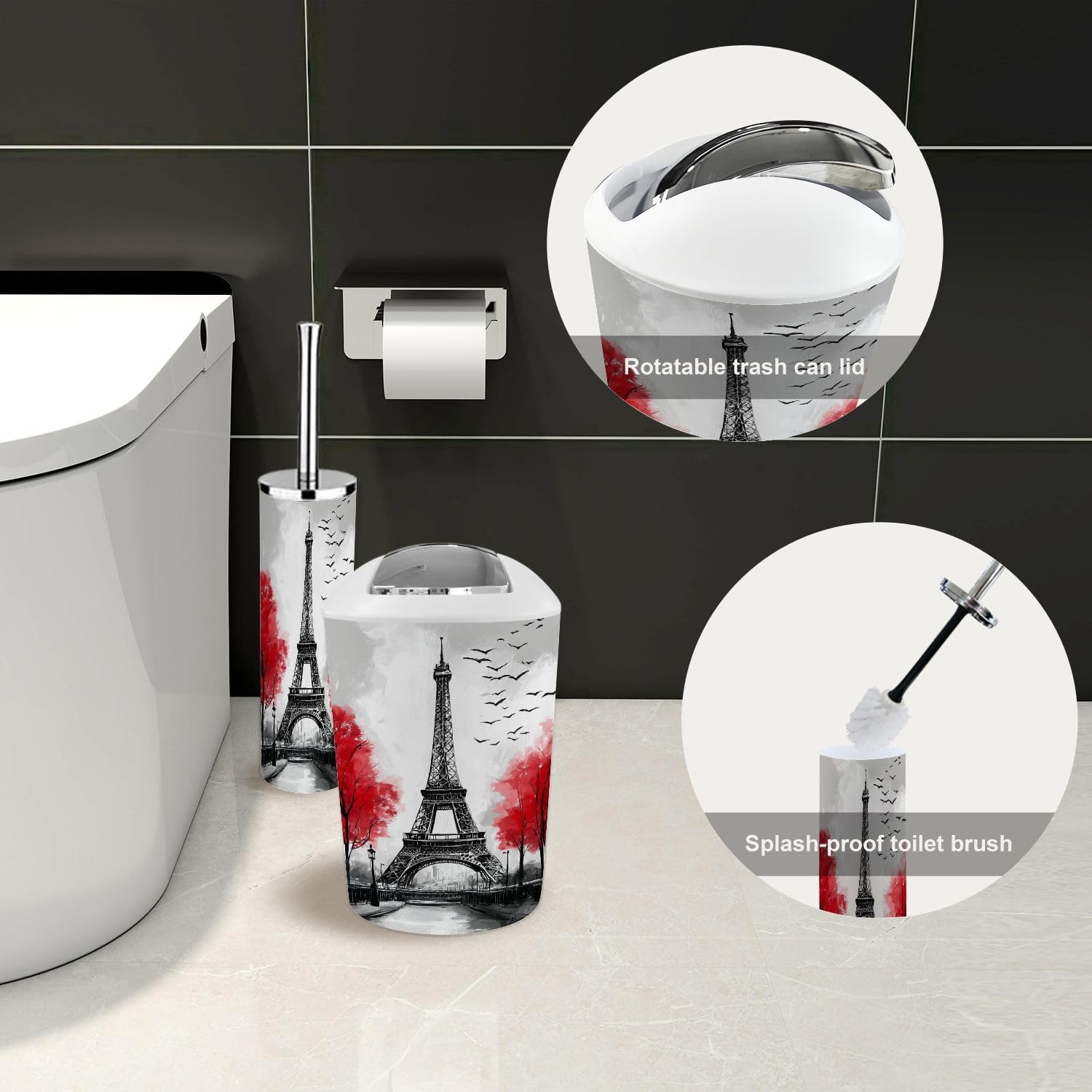 Bathroom Accessory Set 6 Piece Oil Paris European City Landscape France Tower Black Toothbrush Cup Toothbrush Holder Soap Dispenser Soap Dish Trash Can with Lid Toilet Brush Holder Counter Decor