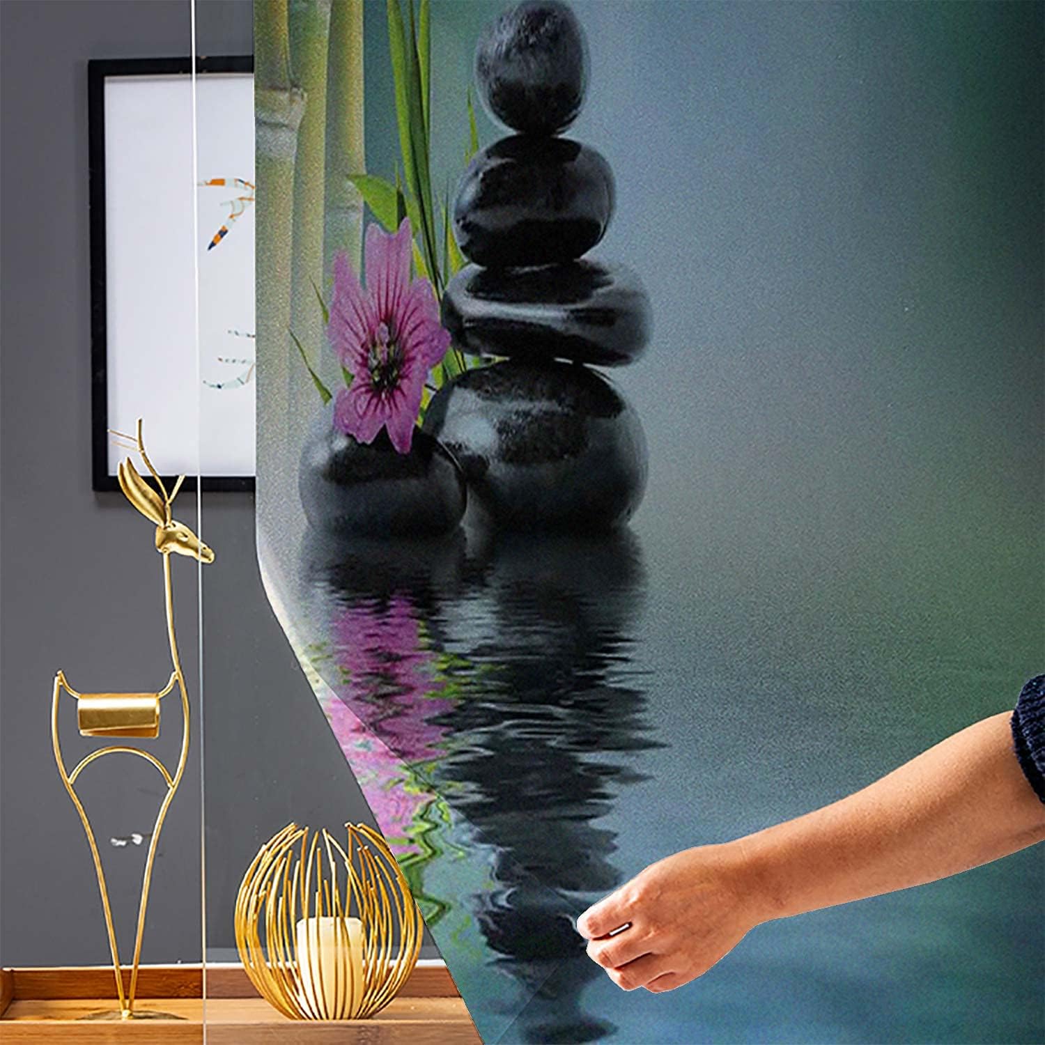 Spa Pattern Window Film,Tower Stone and Hibiscus with Bamboo on The Water Blurry Background Home Office Film,for Home Glass Door Kitchen,35.4" x 78.7" Petrol Blue Fuchsia Lime Green