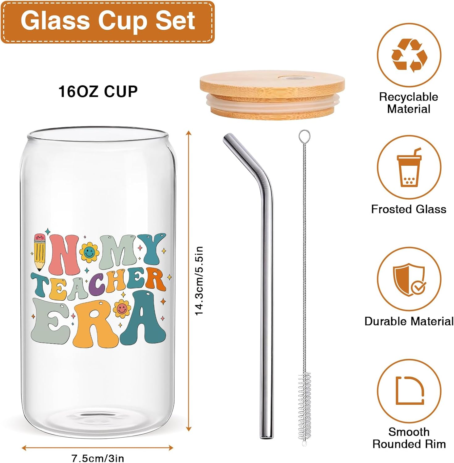 16Oz Teacher Glass Coffee Cup with Bamboo Lid - Insulated Thank You Gifts for Women Teachers, Ideal for Back to School, Retirement, End of Yea - Image 6