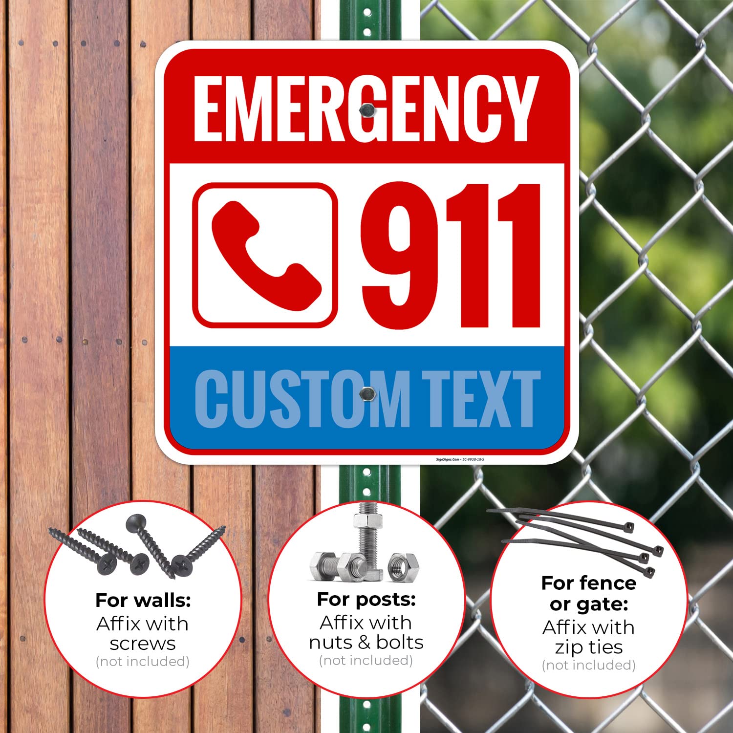 Custom Pool Emergency 911 with Graphic Sign, 18x18 Inches, Rust Free .063 Aluminum, Fade Resistant, Made in USA