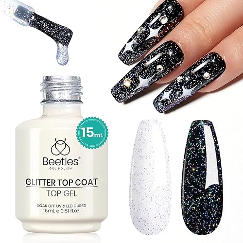 Miniatura 8 de beetles Gel Polish Esmalte de uñas de gel holográfico con purpurina de 0.5 fl oz, capa superior de esmalte de uñas de gel brillante mezcla de plata,