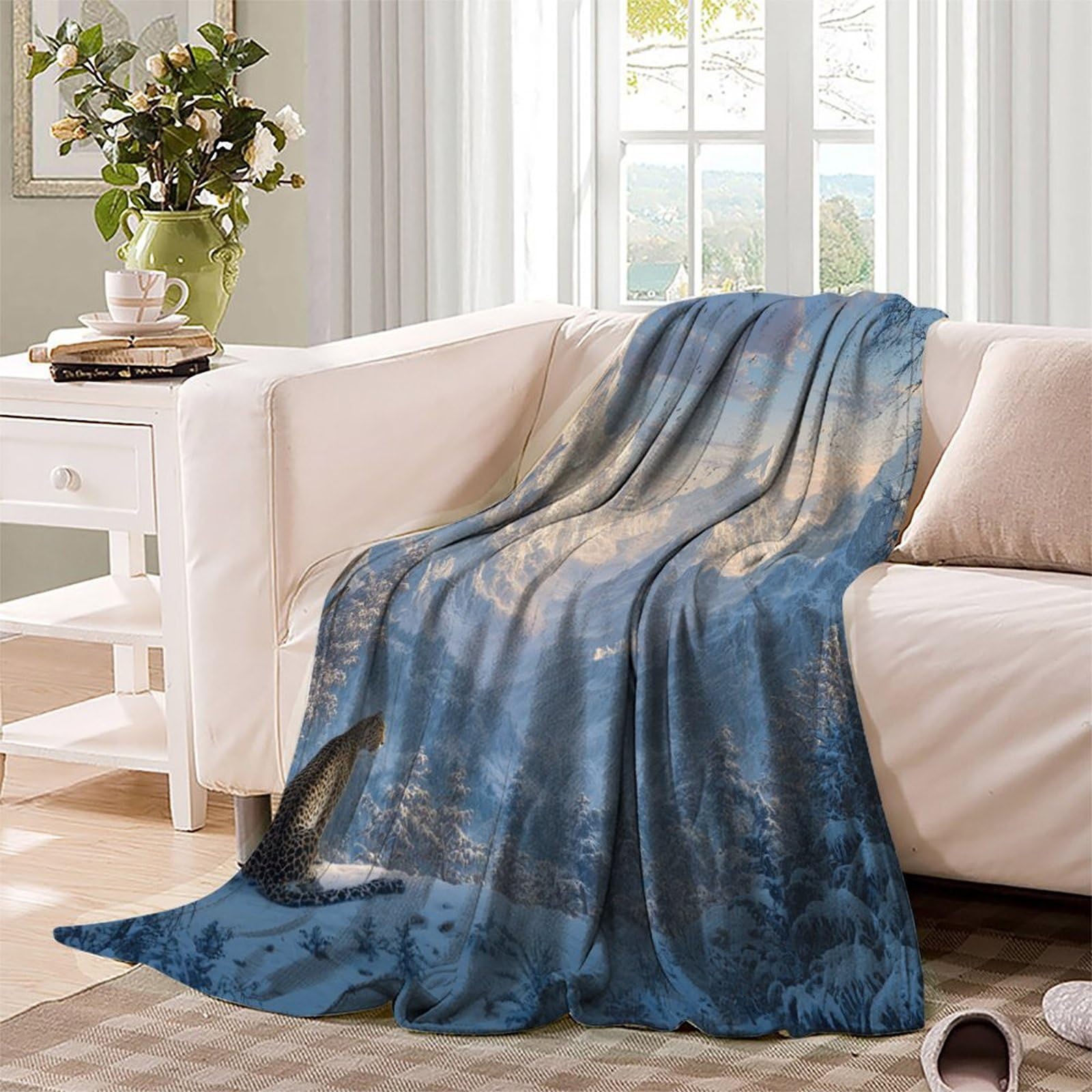 Leopardoo in The Snow Looking at The Mountains Manta Estampada 3D Colcha De Diseño Ropa De Cama De Microfibra Suave Y Cálida Sofá Ropa De Cama 80x90inch(200x230cm)