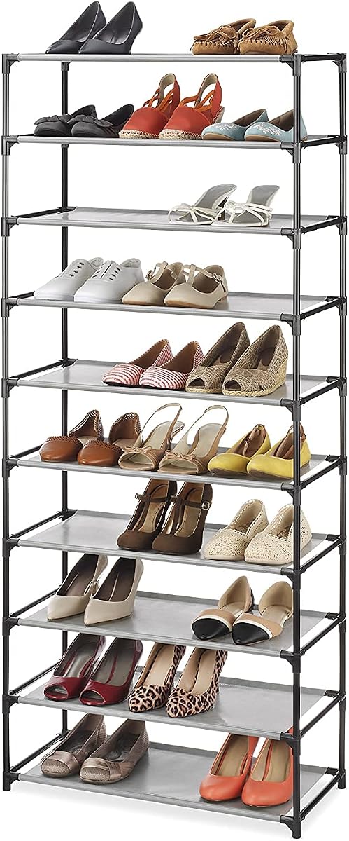 Spacemaker Torre de zapatero de 10 niveles, organizador alto de metal y tela para zapatos para entrada, garaje, sostiene zapatos, bolsos y accesorios, 12 pulgadas de profundidad x 24,5 pulgadas de ancho x 60 pulgadas de alto