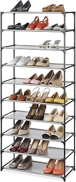 Whitmor Spacemaker 10 Tier Shoe Rack Tower, Tall Metal & Fabric Shoe Shelf Organizer for Entryway, Garage, Holds Shoes, Handbags & Accessories, 12"D×24.5"W×60"H