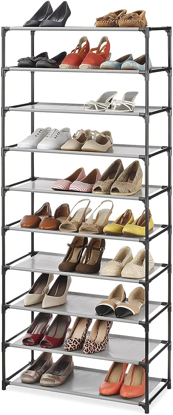 Whitmor Spacemaker 10 Tier Shoe Rack Tower, Tall Metal & Fabric Shoe Shelf Organizer for Entryway, Garage, Holds Shoes, Handbags & Accessories, 12"D×24.5"W×60"H by Whitmor - Used condition - US$21.36