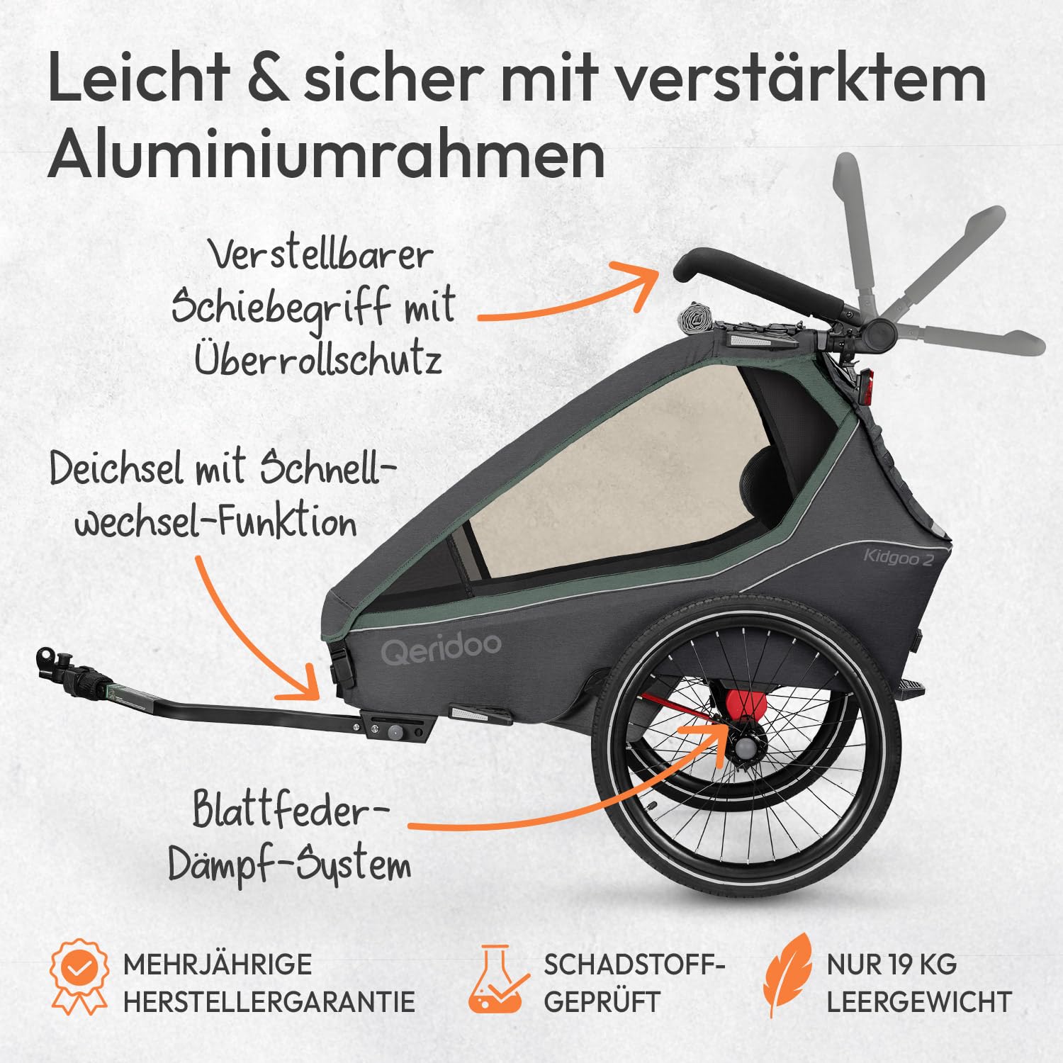 Qeridoo Kidgoo 2 Ivy Green Remorque de vélo pliable avec harnais à 5 points et système de fixation Easy-ARS pour 2 enfants avec roue de poussette rotative à 360° et protections de tête brevetées