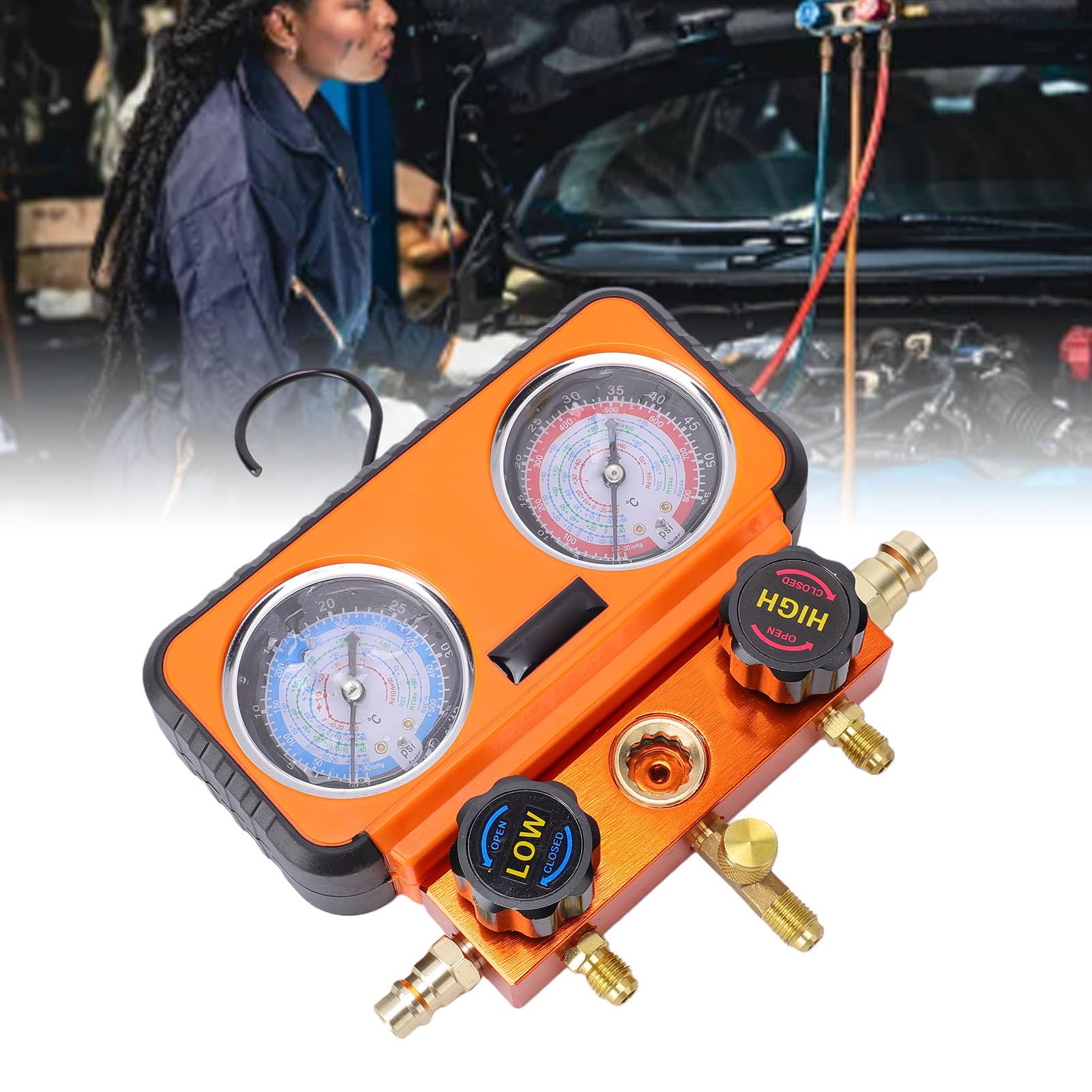 banapoy Juego de Manómetros de Colector HVAC para Refrigerante R12 R22 R134 R502 R1234yf, Juego de Manómetros de CA de 3 Vías con Mangueras, Kit Completo de Recarga de Aire Acondicionado