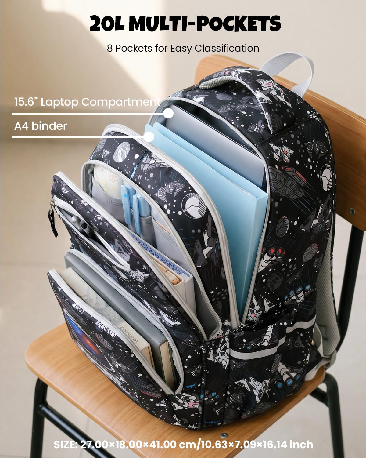 Amythe Mochila Escolar Adolescentes Niños 8 a 15 Años 3 piezas Joven, Negro | Correa Pectoral 3 piezas Grande Impermeable Negro Daypack Multi-Bolsillos Espacioso Resistente para Colegio Viaje Excursión
