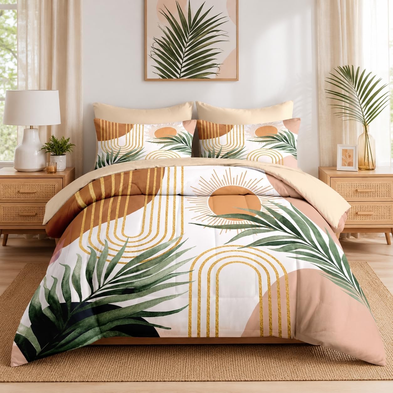 Nesker Comforter Set Queen Size, Bohemian Boho Geometric 7 Pcs Bedding for Kids and Adults, Mid Century Modern Plant Sun Bed Sheet Sets with Fitted Sheet 2 Pillowcases & 2 Shams