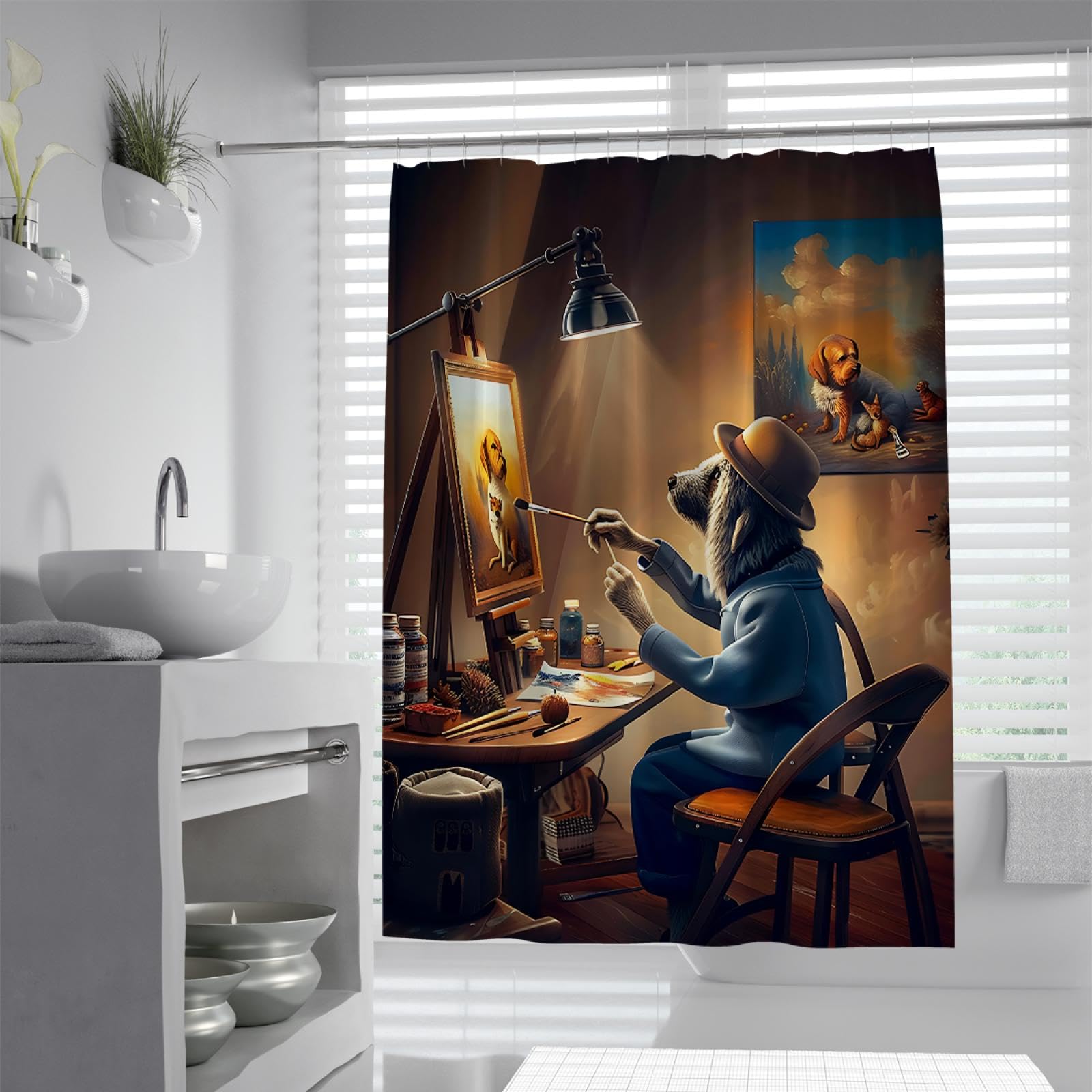Rideau de bain design anime moderne chien peintre lavable avec crochets