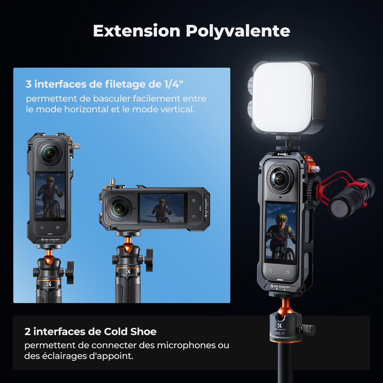 K&F CONCEPT Cage de Protection Compatible avec Insta360 X5, Cadre de Protection en Alliage d'Aluminium avec Capuchon de Lentille en Silicone + Lentille Silicone + Écran Protégé | 1/4" + 2 Cold Shoe