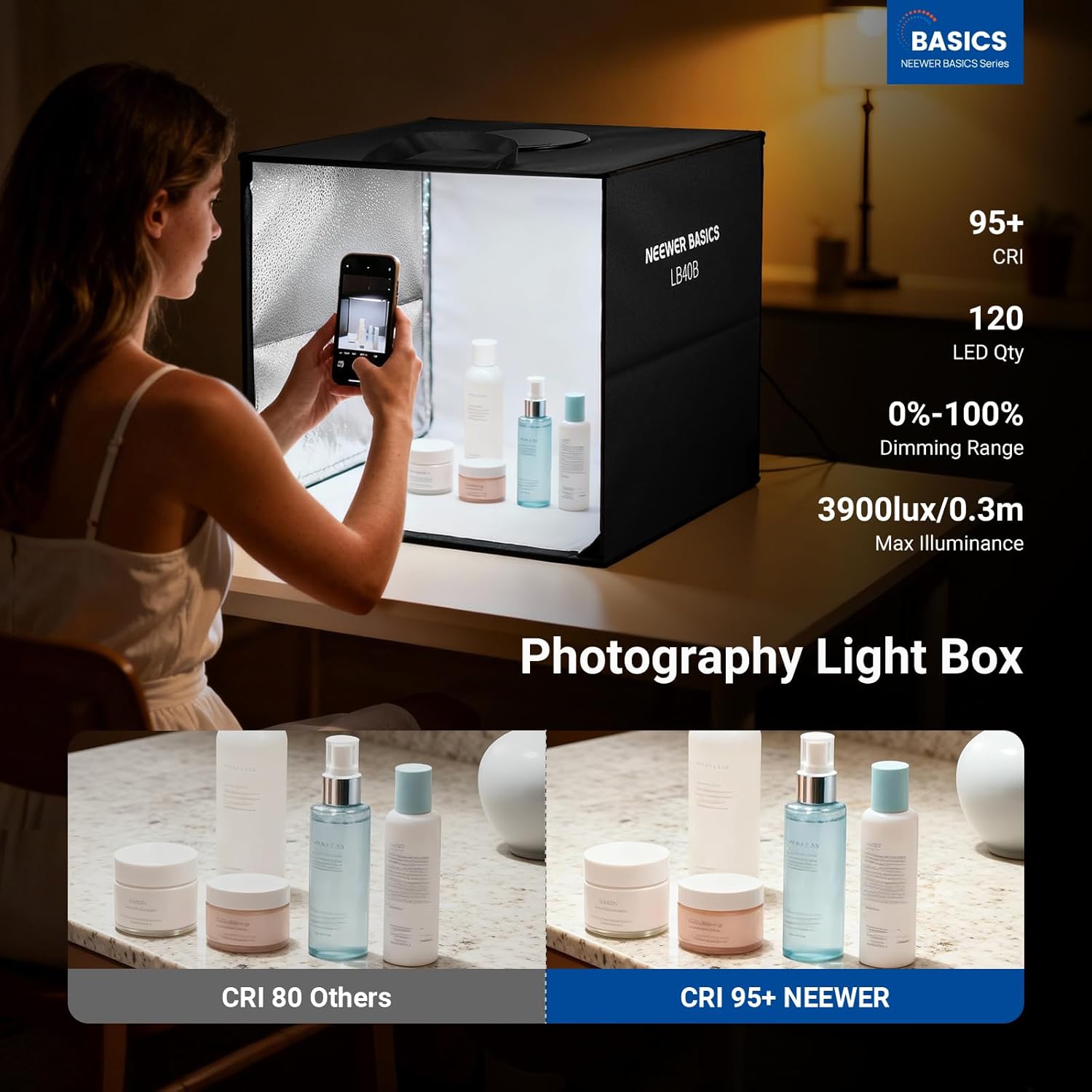 NEEWER Basics Photo Studio Light Box, 16"x16"x15" Bi Color Folding Photo Booth Shooting Tent with 6 Color Backdrops, 120 LEDs CRI95+ Dimmable for Tabletop Jewelry Electronics Food Photography, LB40B