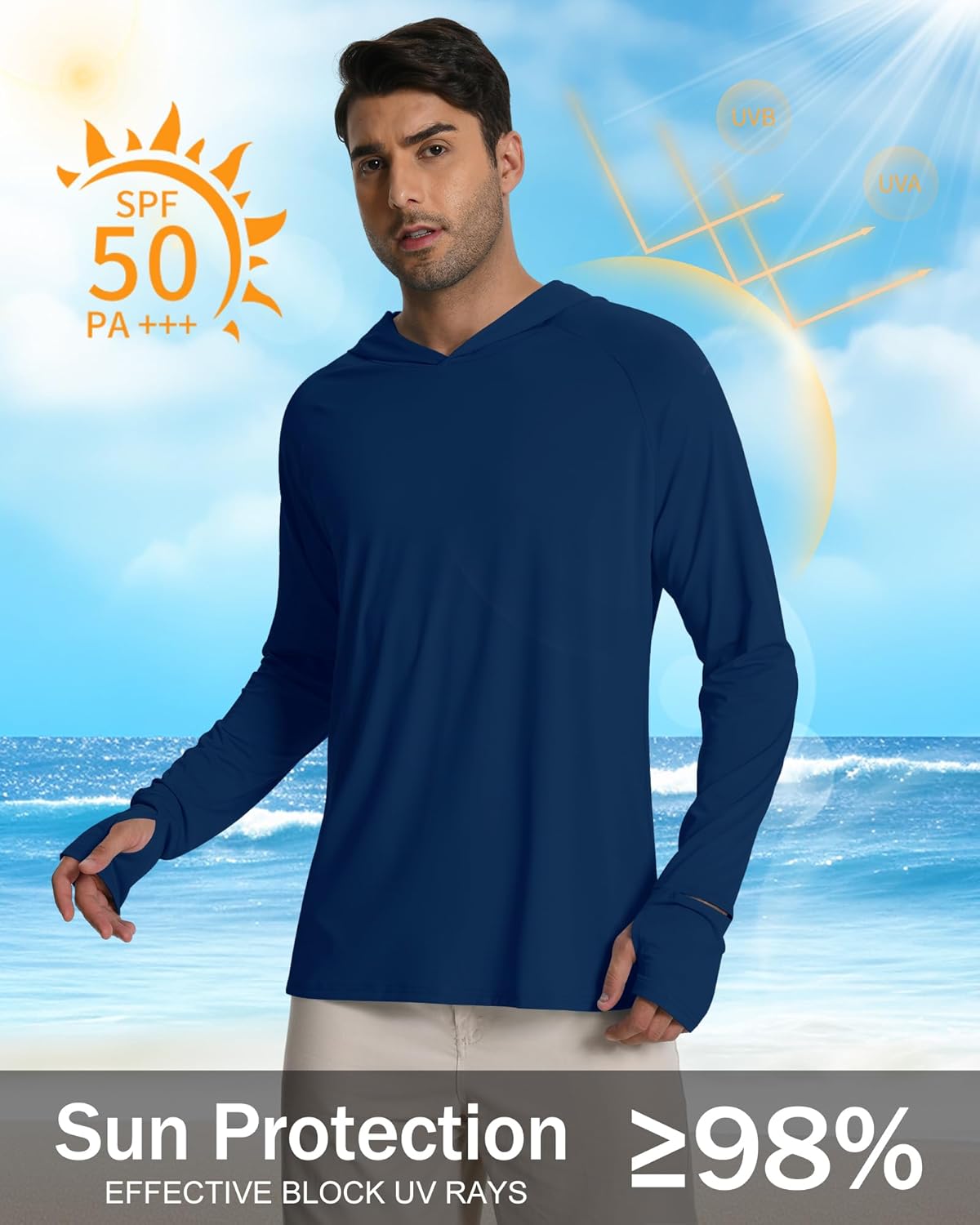 Hotfiary Mens Sun Protection Shirts UPF 50+ Long Sleeve Hoodie for Men UV Hooded Rash Guard Swim Shirts Running Hiking - Image 3