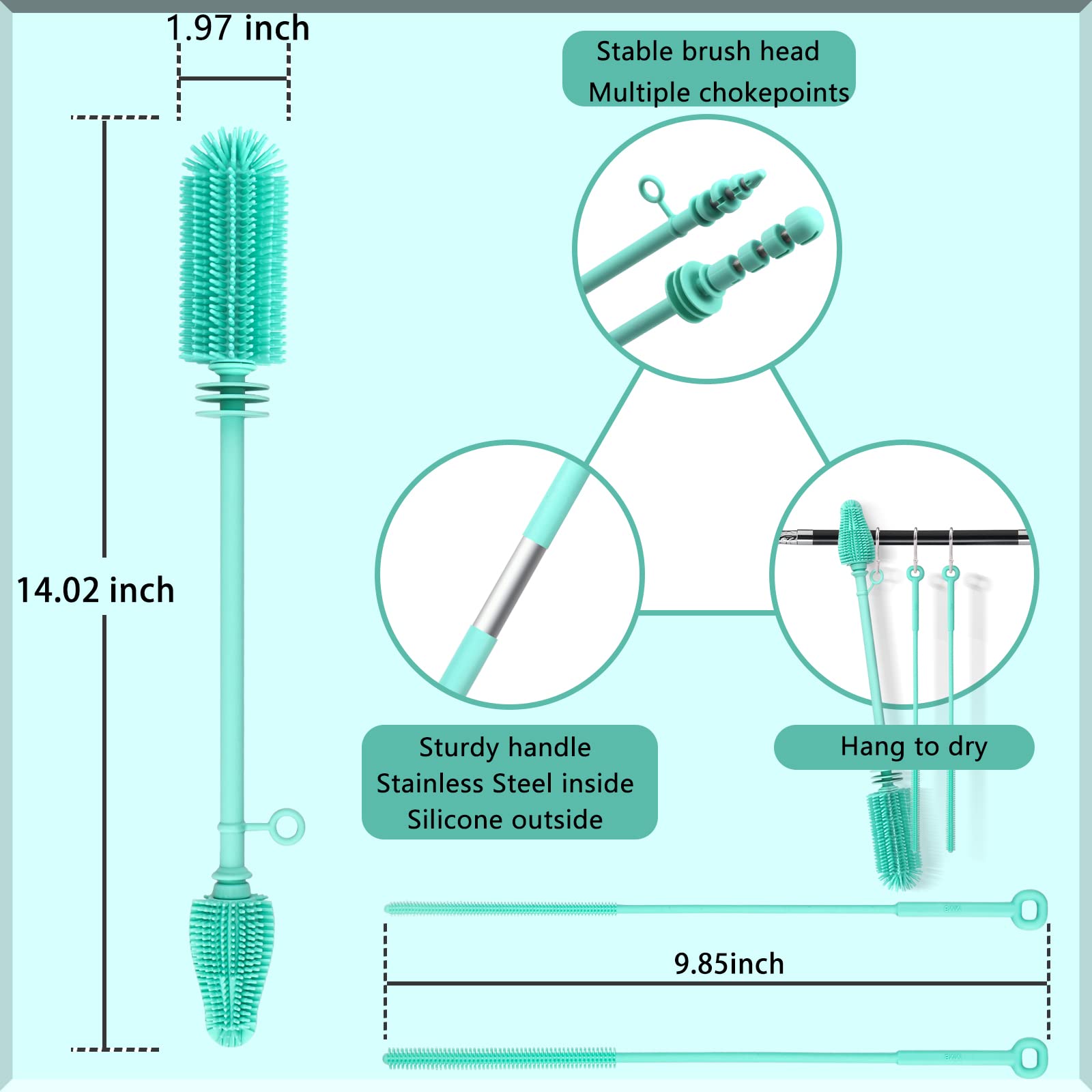 Cepillo para biberones, juego de cepillos de limpieza de silicona de grado alimenticio, limpiador de pezones, cepillo reutilizable para biberones, cepillo limpiador de biberones con cerdas resistentes