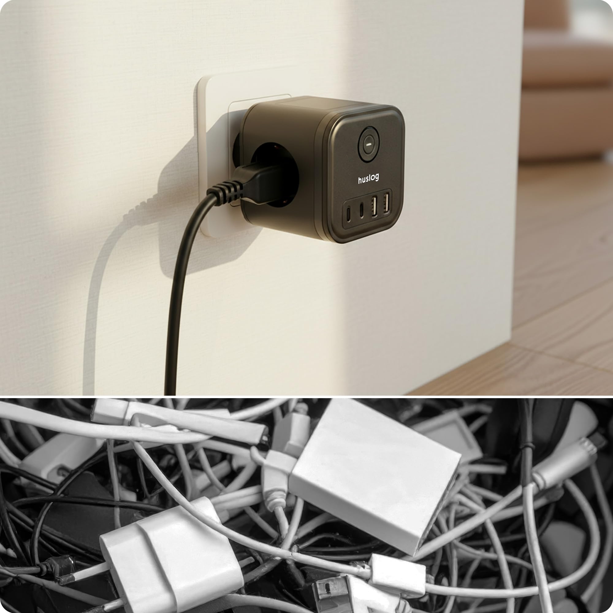 Cubo Multipresa 3 Prese AC 4 USB-C USB-A 3680W Compatta Ignifuga Interruttore ON/OFF Nera