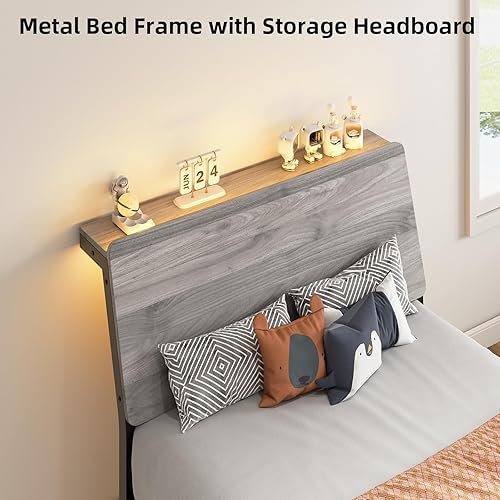 Miniatura 5 de Base de cama individual con cabecera de almacenamiento, marco de cama de plataforma de metal con luces LED, diseño ergonómico, listones de metal
