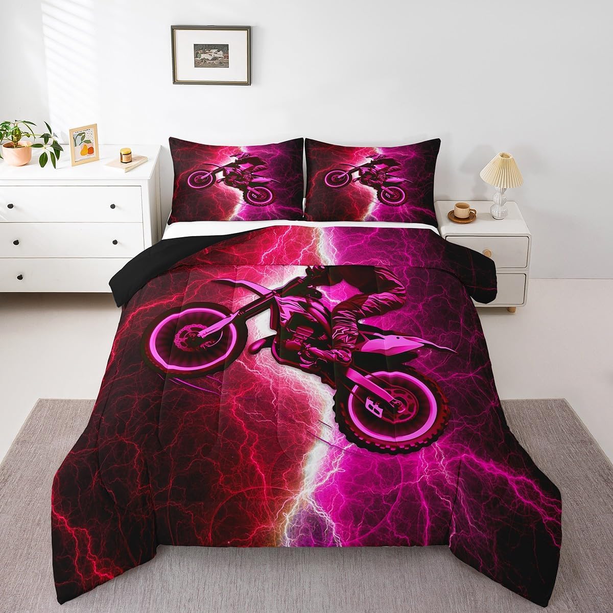 Erosebridal Boys Dirt Bike Comforter Set Twin,Hot Pink Red Motocross Bedding Set for Kids Girls,Racing Dirtbike Quilt Bed Set Lightning Modern Bed Comforter Sets with 1 Pillowcase Bedroom Decor