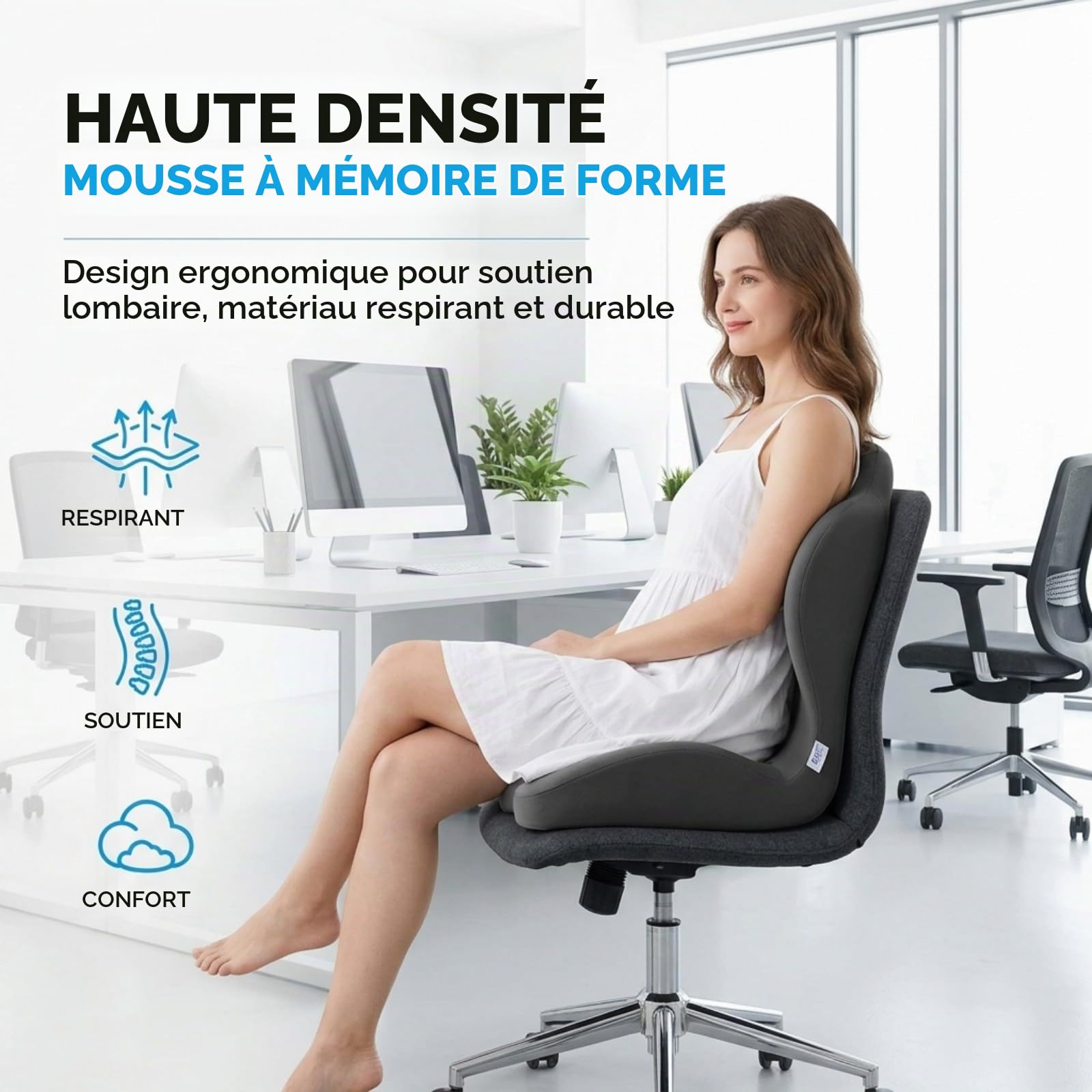 Coussin Lombaire et d’Assise en Mousse à Mémoire de Forme, Coussin Ergonomique Lombaire pour Bureau, Soutien Dos et Coccyx, Respiration 3D, Capacité 150KG, pour Chaise Auto et Gaming