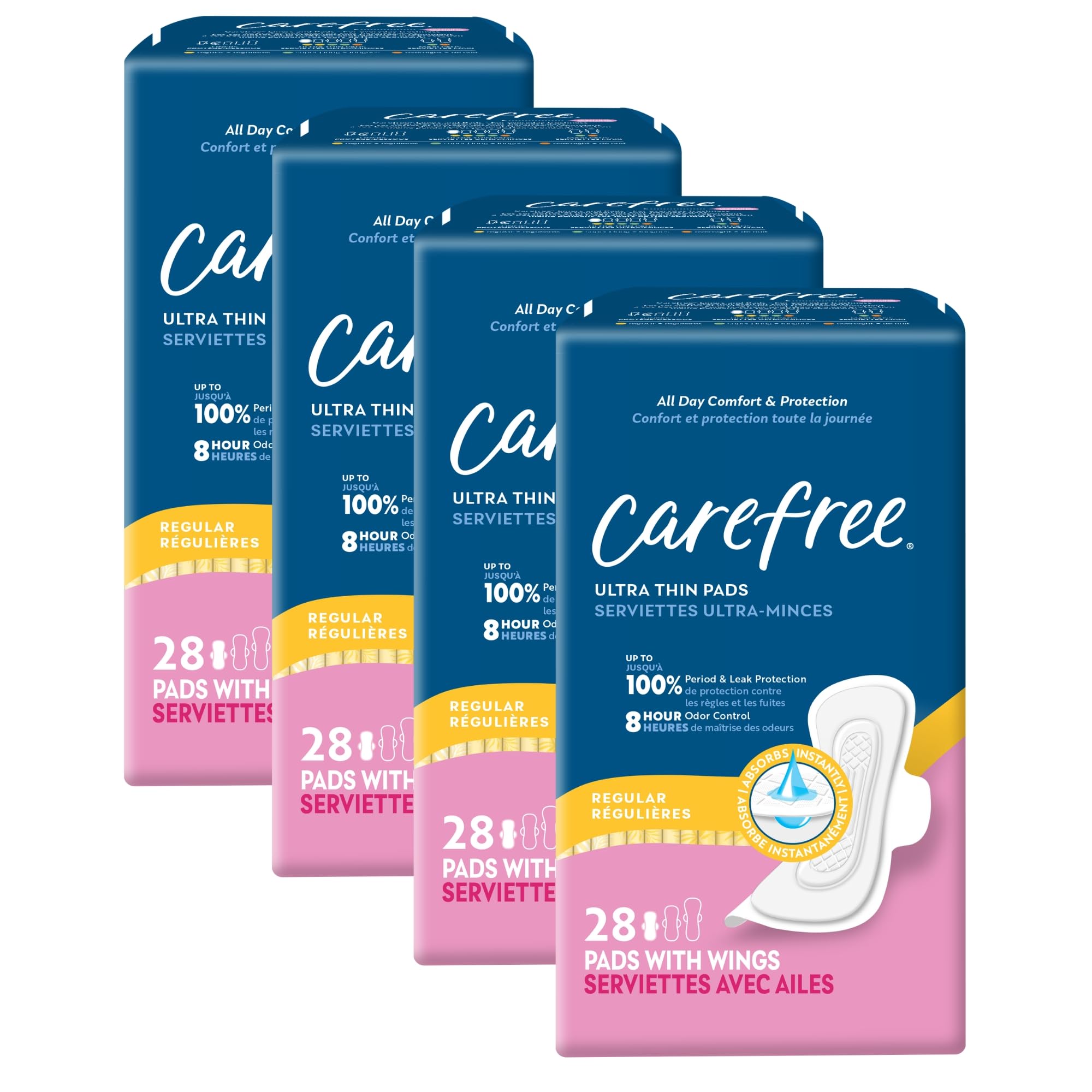 Carefree Ultra Thin Pads for Women, Regular Pads with Wings, 112ct (4 Packs of 28ct) | Carefree Pads, Feminine Care, Period Pads & Postpartum Pads | 112ct (4 Packs of 28ct)