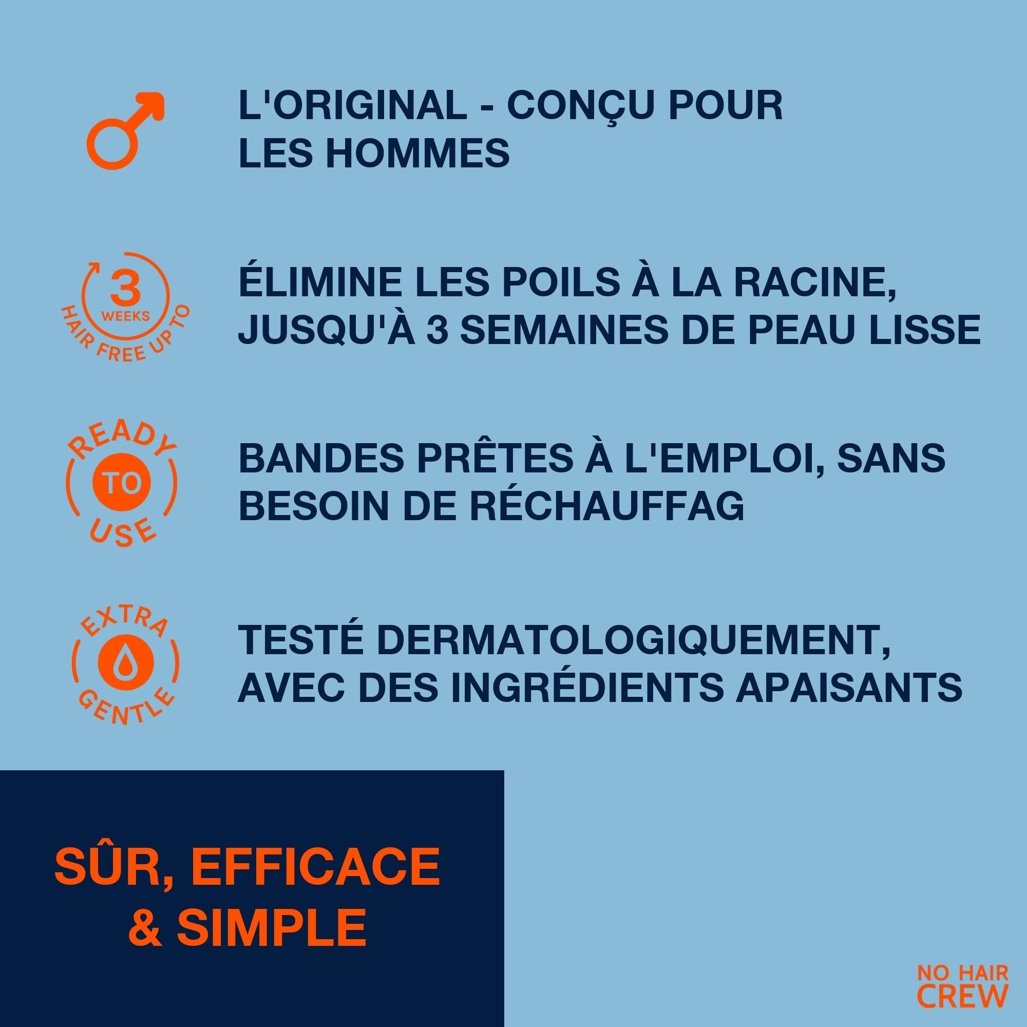 NO HAIR CREW 6x20 Bandes d’Épilation Homme - Jusqu’à 3 Semaines Sans Poils | Pour poitrine, dos, bras et jambes. Retire les poils à la racine pour une peau lisse durable et une repousse plus douce.