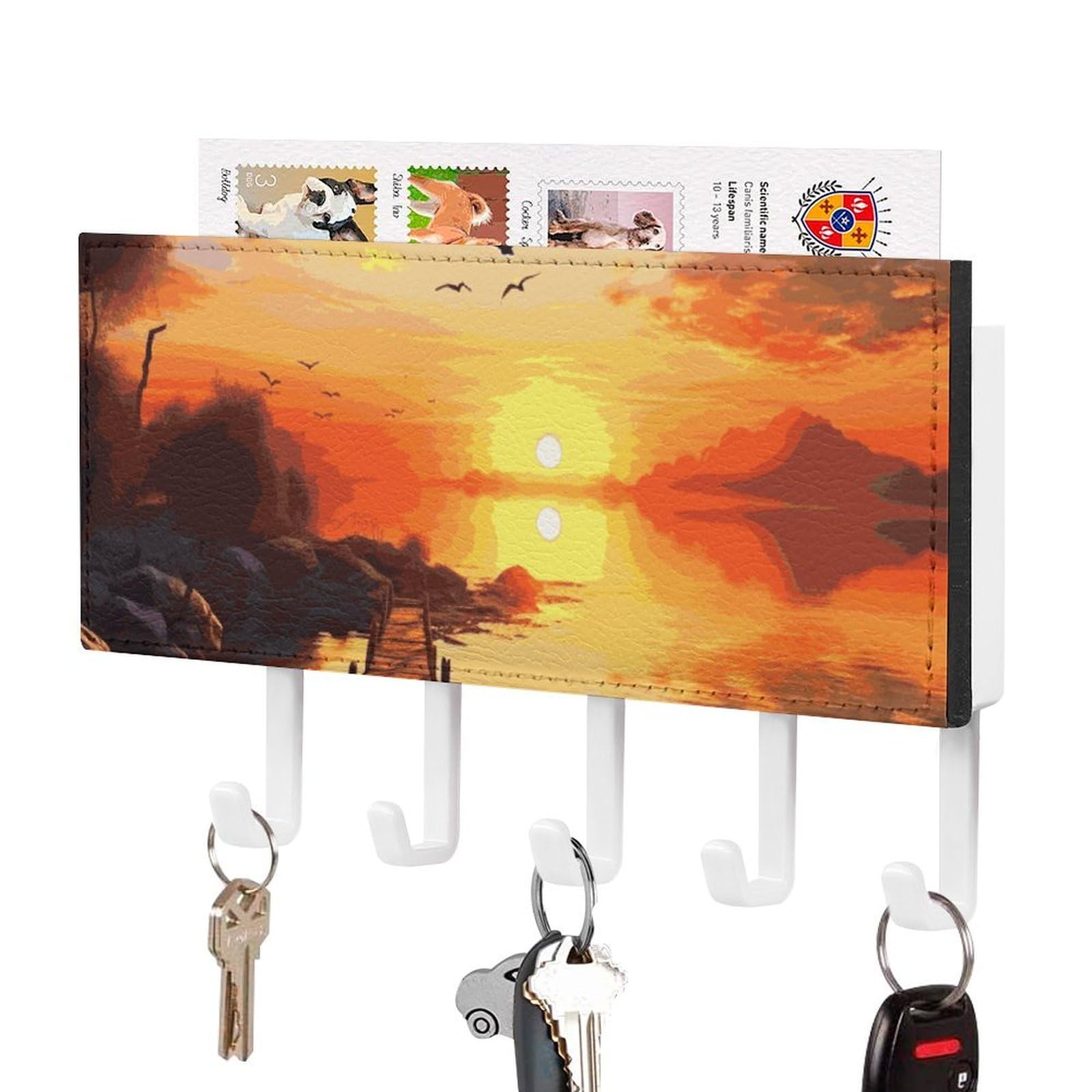 JTREHY Sunset Scenery Holder Wall-Mounted Key and Mail Holder,Key Rack with 5Keys Hooks, Easy to Install Mail Organizer for Entryway, Front Door, Hallway, Office