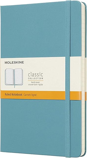 Moleskine Classic Ruled Paper Notebook, Hard Cover and Elastic Closure Journal, Color Reef Blue, Size Large 13 x 21 cm, 240 Pages