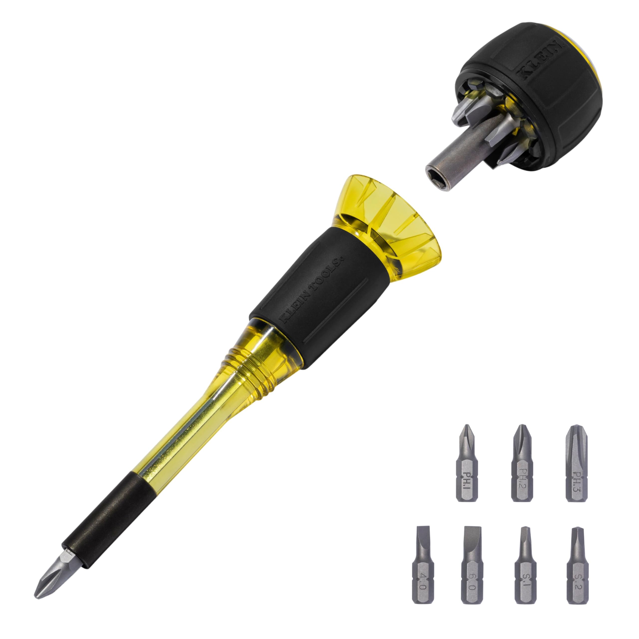 Klein Tools 32961A 8-in-1 Tru-Grip Screwdriver with Stubby, Phillips, Slotted, Square Tips, 1/4-Inch Nut Driver, Rare-Earth Magnet, 6-Bit Storage, Ball-Style Handle