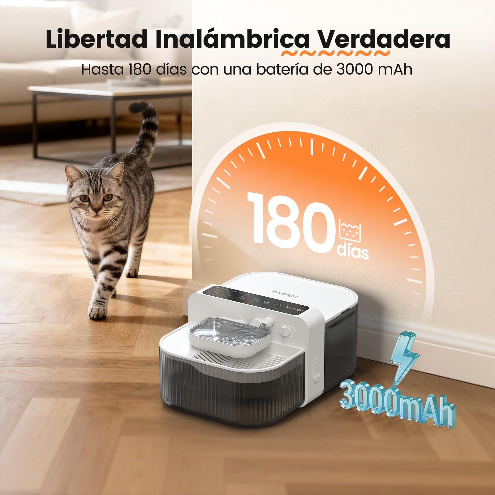 Invengo Fuente para Gatos Sin Cable y Sin Filtro - Batería 3000mAh 180 Días, Separación del Agua Limpia y del Agua Usada, Cuenco de Acero Inoxidable, Bebedero Gatos Sin Cable, 3,5L, Blanco Hueso