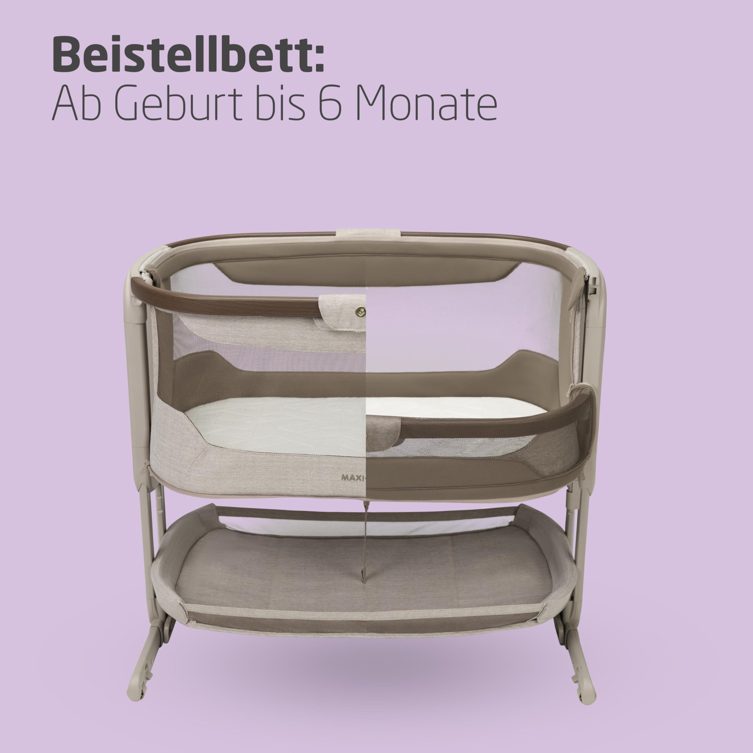 Maxi Cosi Iora Select Baby Stubenbett 0-6 Monate 9 kg Faltbares Beistellbett Schaukelbett CloudCore-Matratze 3 cm 5 Höhenstufen 4 Rollen Easy Slide Elegance Truffle
