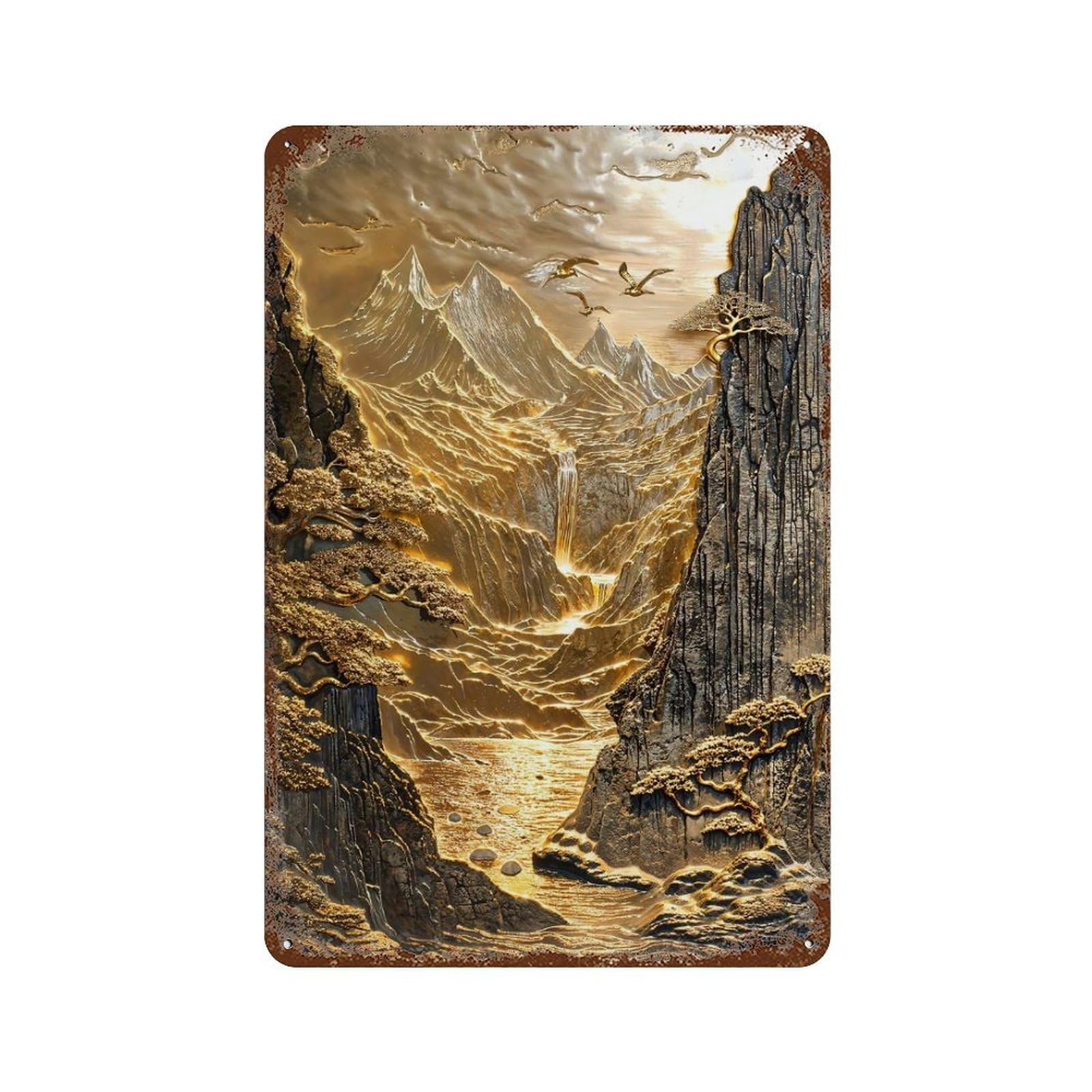 Rust Effect Gold Coast Mountain Landscape Retro Metal Sign 11.8"x7.9", Farmhouse Wall Decor for Living Room, Hallway And Home Decor