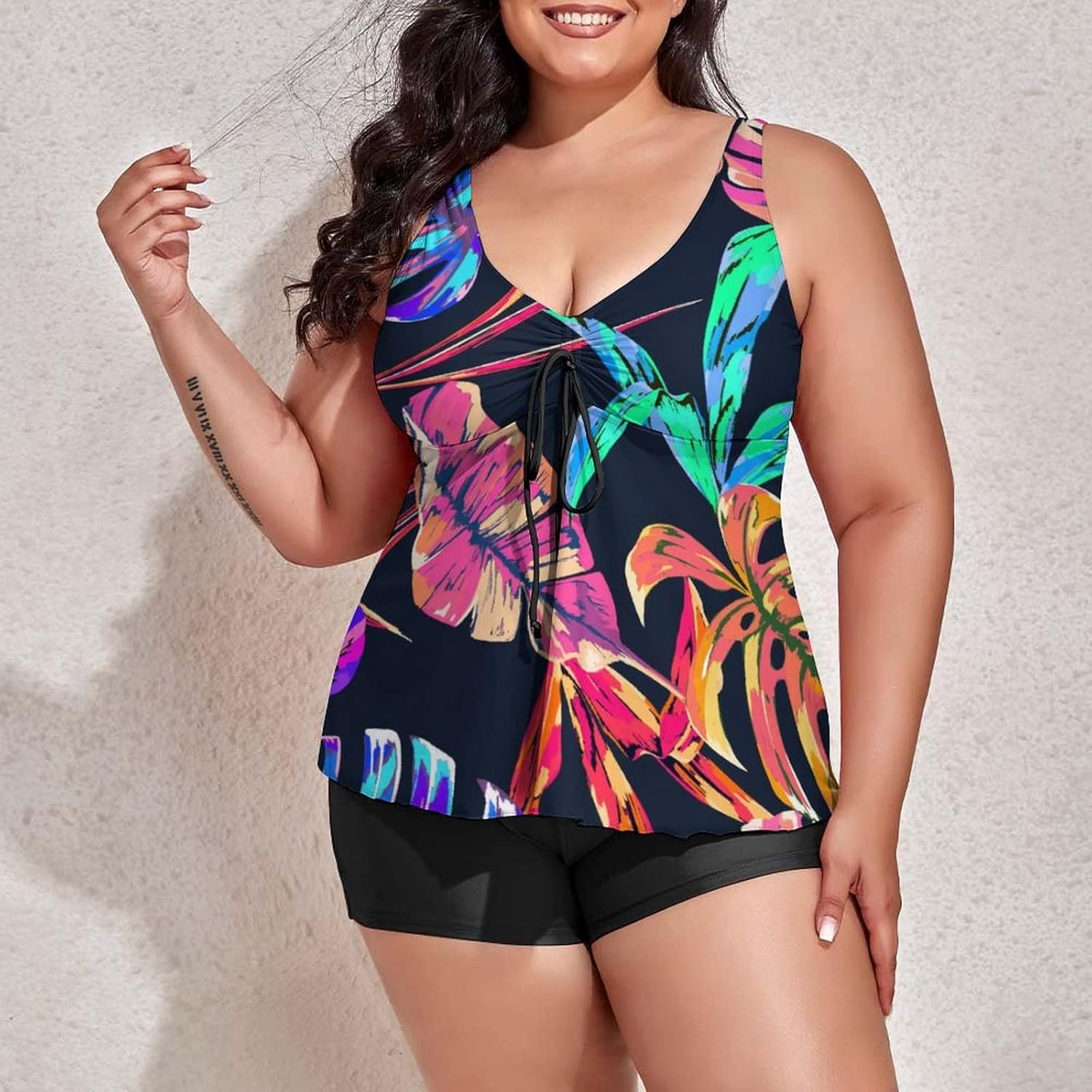 Two Piece Plus Size Tankini Swimsuit for Women Summer Colorful Hawaiian Tropical Plants Palm Leaf Bathing Suits with Top/Boyshorts Jungle Palm Leaves Tummy Control Swimwear