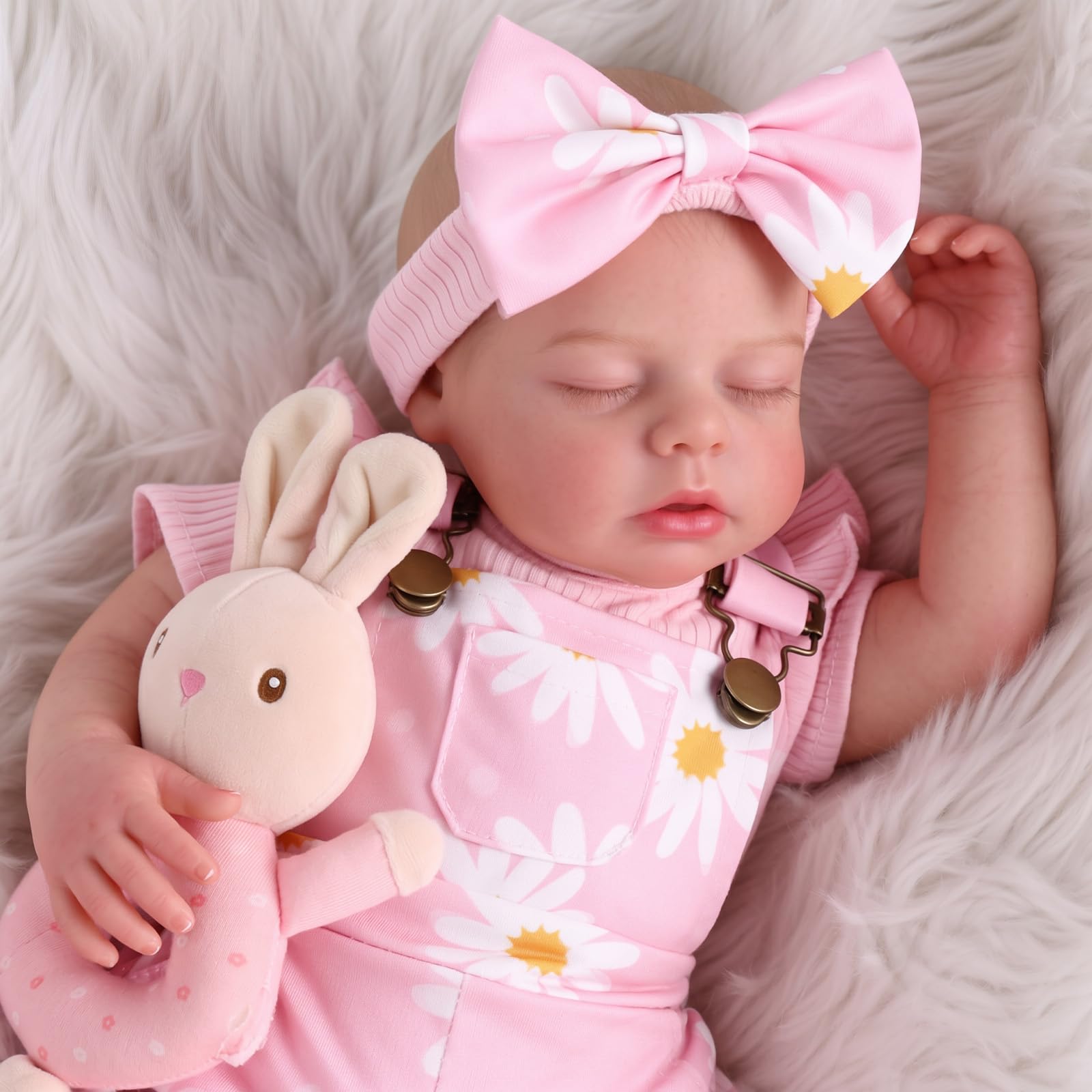 BABESIDE Reborn Puppe Mädchen, 20 Zoll Vinyl Schlafende Babypuppen wie echt | Bewegliches Reborn Baby mit Stoffkörper, Lebensechte Babypuppen mit Latzhosen-Set und Zubehör, Baby Doll Puppe ab 3+ Jahre