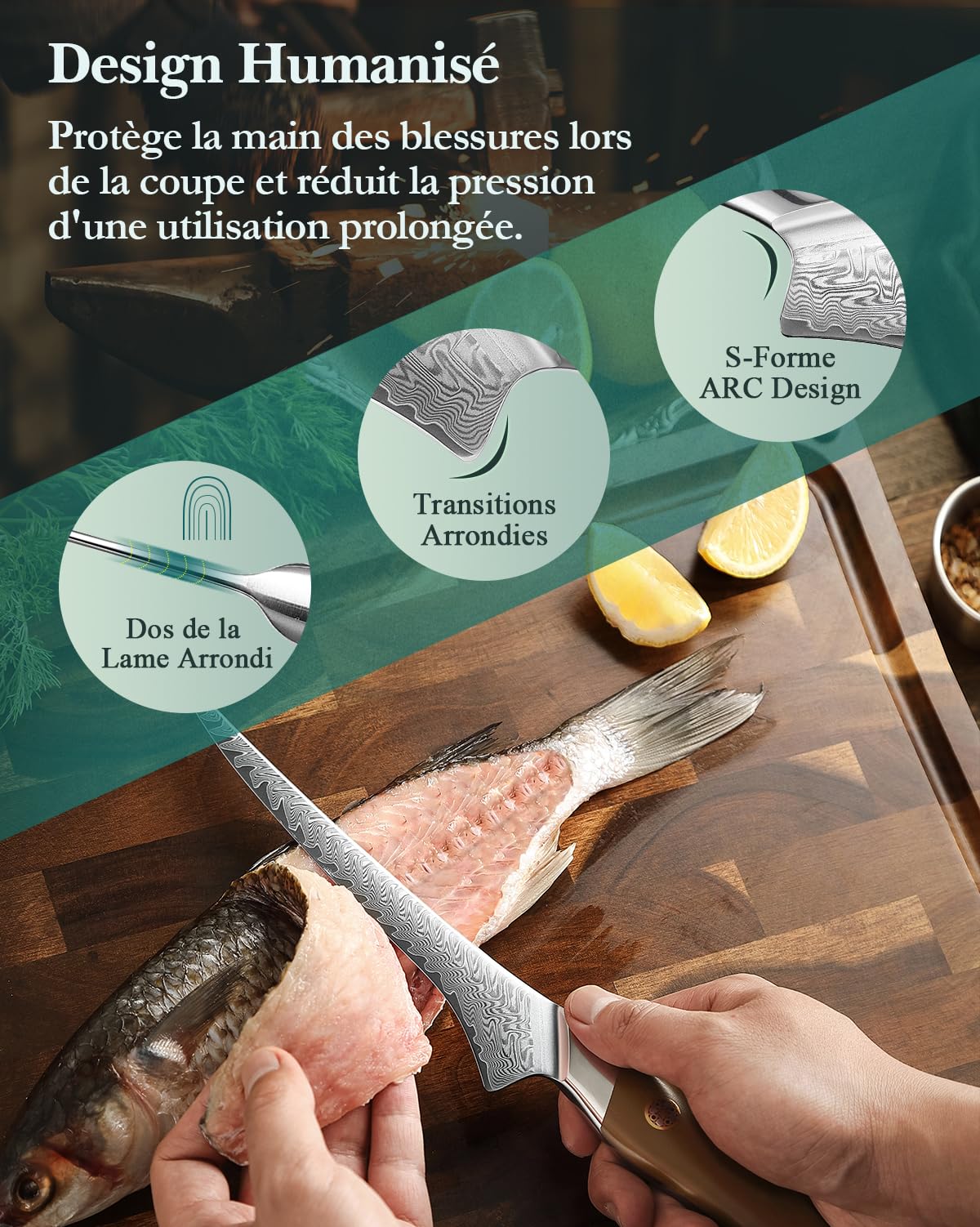 HEZHEN Couteaux à Filet,Couteau à Désosser Damas en Acier Damas 67 Couches,Couteau à Poisson Professionnel