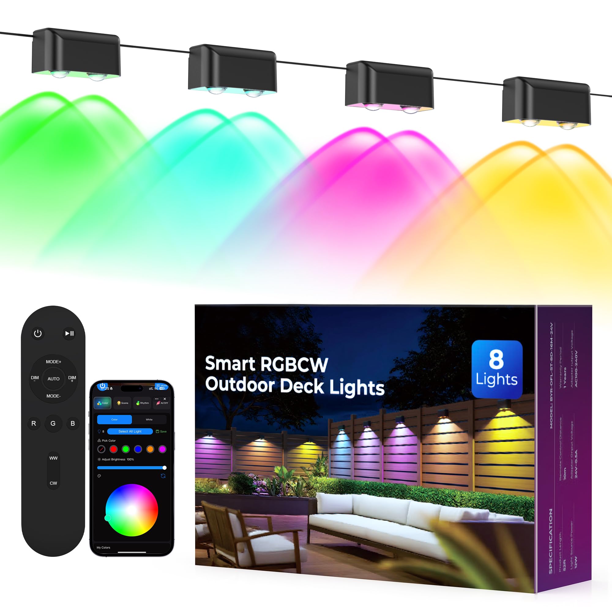 Outdoor Deck Lights, 8 Lights Smart Fence Lights Compatible with Alexa &amp; Google Home, IP65 LED Patio Deck Lighting with Remote, Fence Lighting Music Sync for Patio Yard Garden(52.4ft)