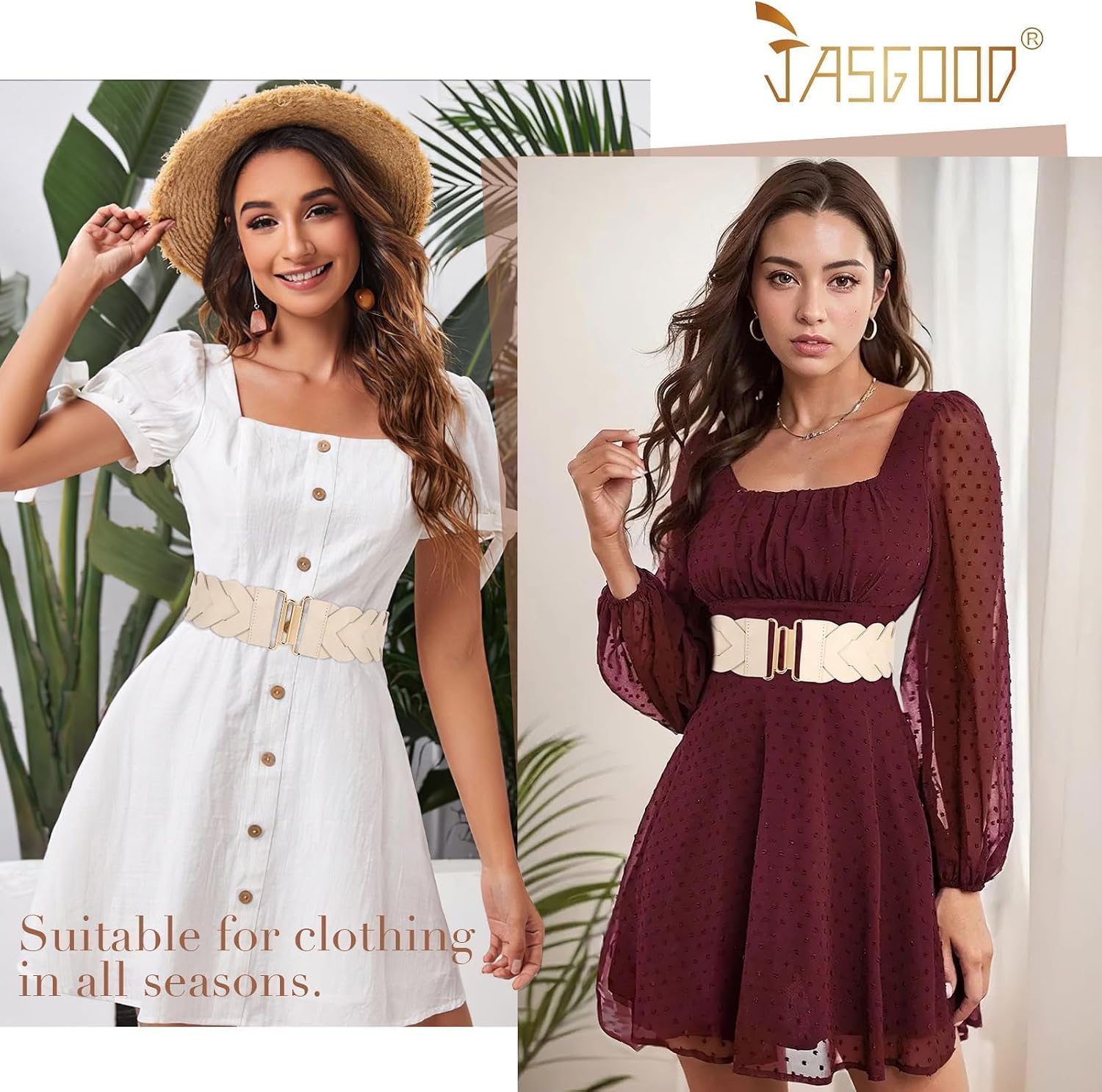 JASGOOD Women's Wide Elastic Belt Vintage Stretchy Belt for Dresses Braided Waist Belt image 2