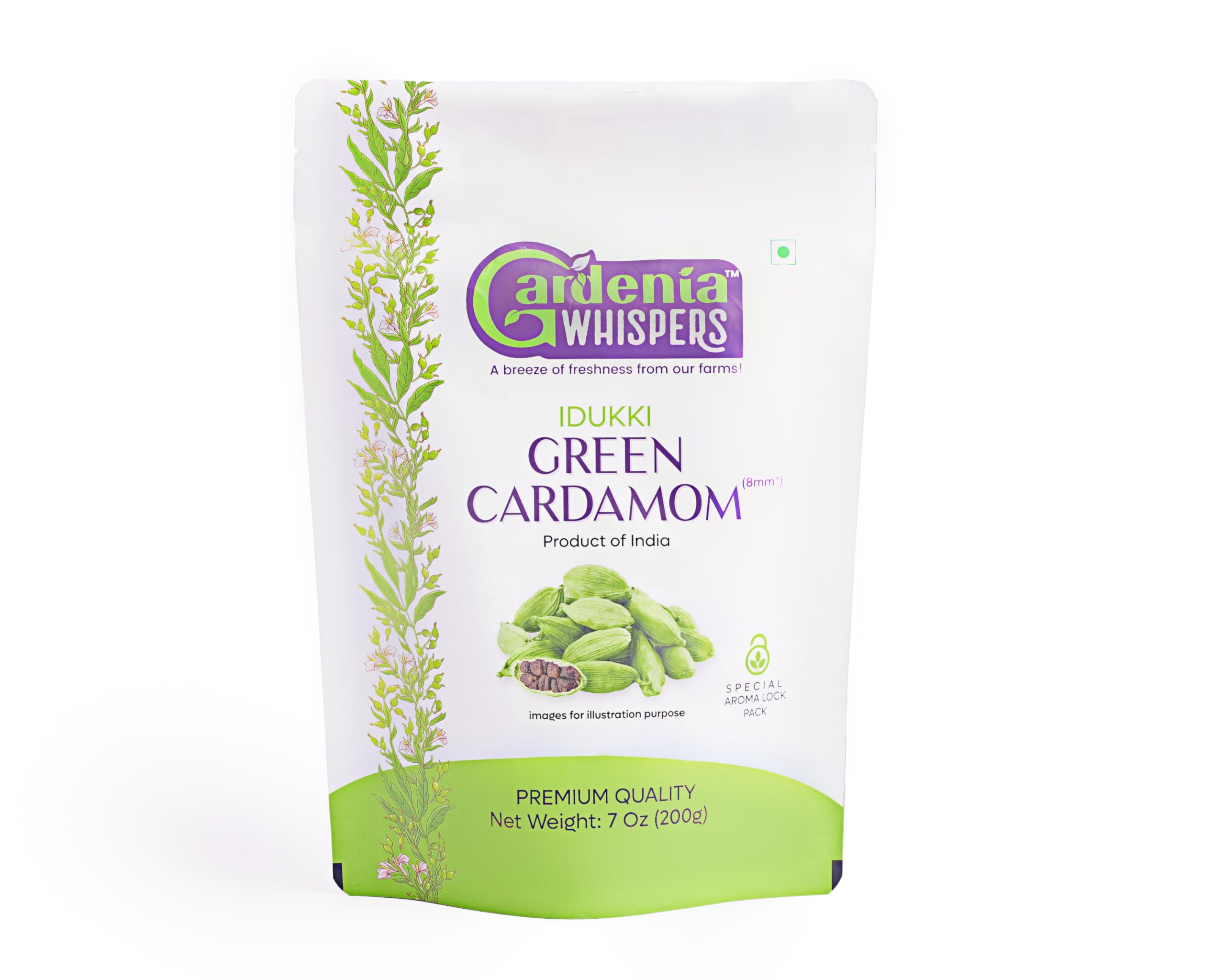 Gardenia Whispers - Idukki Green Cardamom, 8mm+ size, 1.4 Oz/ 40 gm also known as Chhoti Elaichi/Elettaria Cardamomum