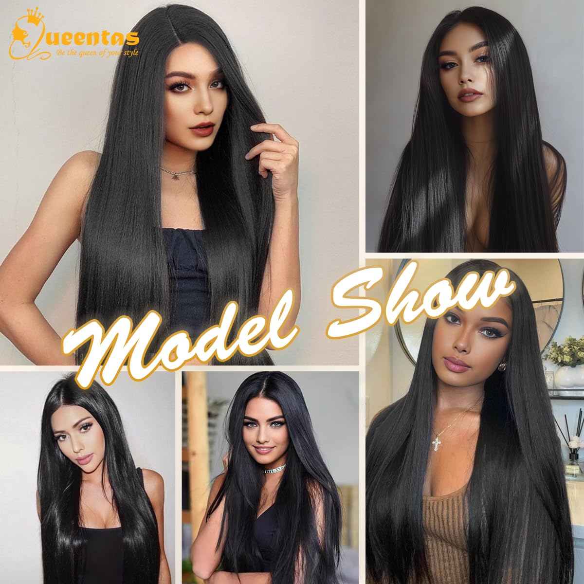 Queentas Long Black Straight Wigs for Women 13x3 Lace Front Wig Middle Part Heat Resistant Synthetic Wig with Preplucked Hairline 30 Inch for Daily Party Use (Black) - Image 3