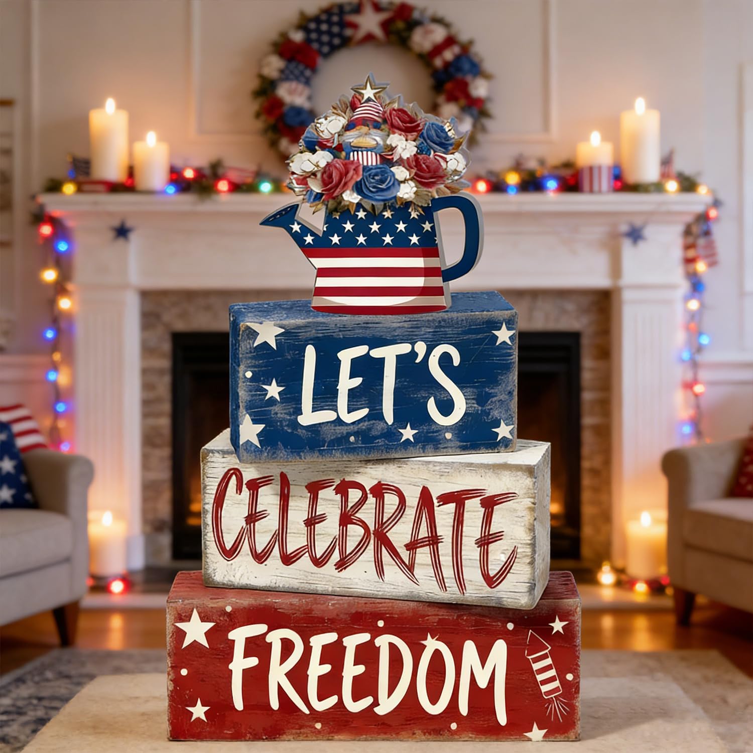 4th of July Table Decorations Patriotic Memorial Day Tiered Tray Decor Wooden Freedom Block Signs Independence Farmhouse 250th July Fouth Centerpiece for Tables Wooden Sign for Home Decor