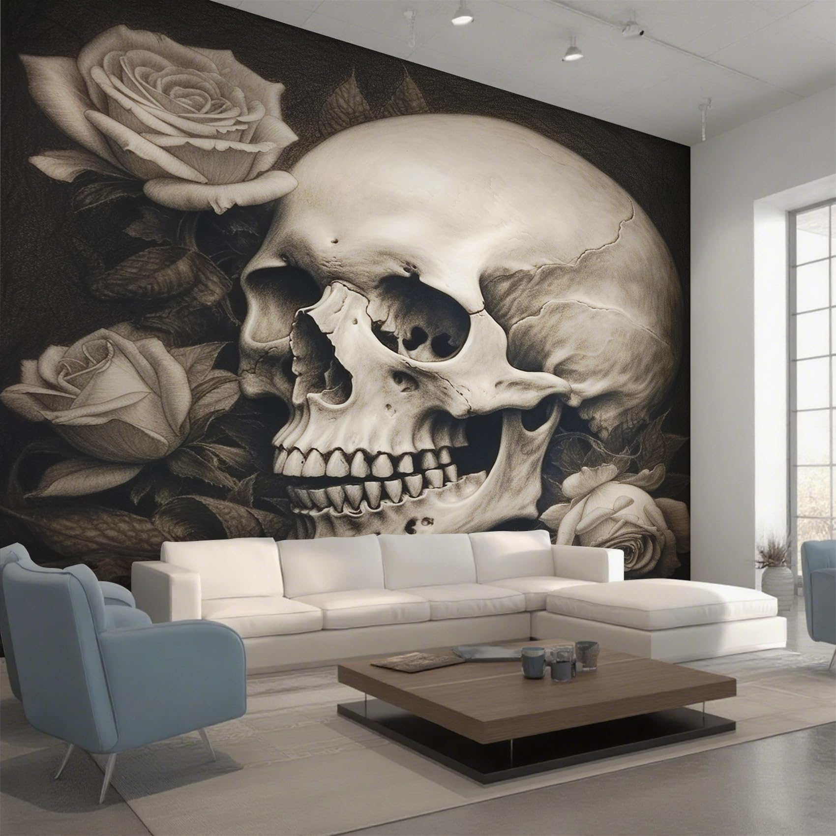 Papier peint squelette rose blanche décor mural panoramique gothique 450x315