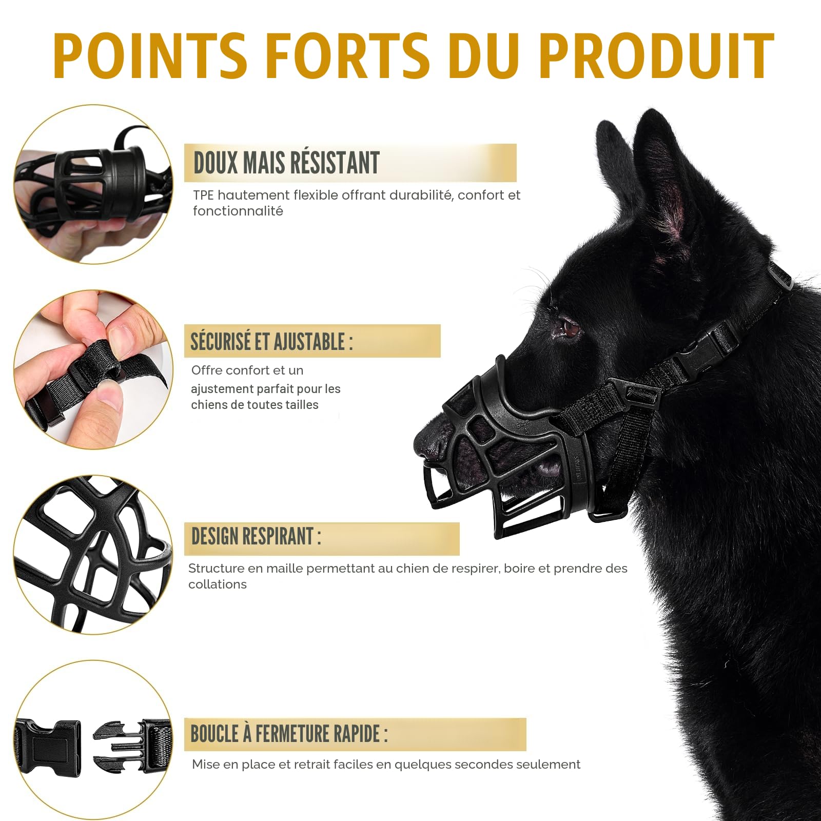 OneTigris Muselière souple pour chiens en caoutchouc résistant avec sangle réglable Convient pour les chiens de moyenne et grande taille Prévention des aboiements et morsures - Taille XL (5)