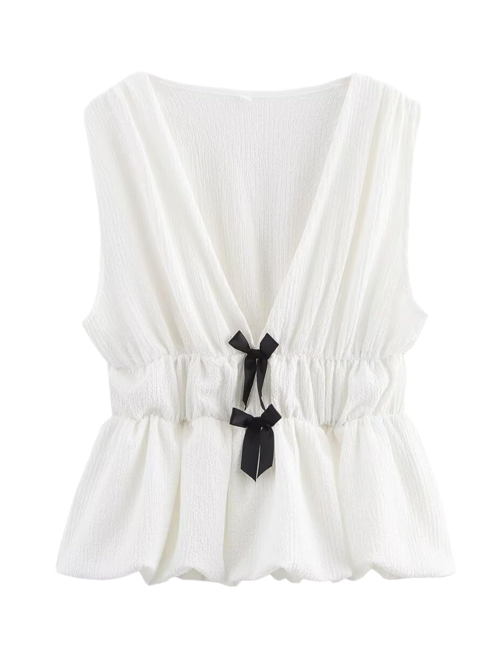 Lumister Womens Vest Top Bow V Neck Sleeveless Blouse Pleated Ruffle Peplum Babydoll Tops Tank Summer Shirt