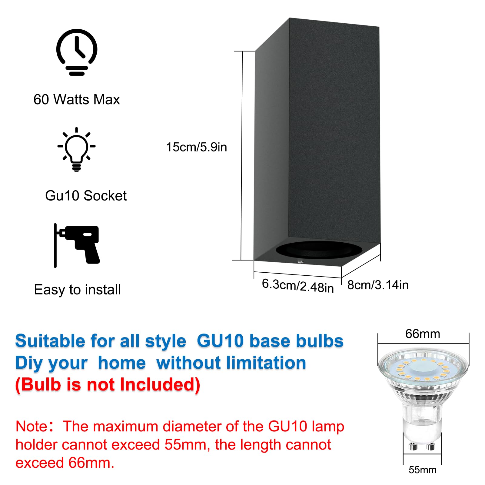 Klighten 2 Stück Anthrazit Wandleuchte Aussen IP65 Modern Aluminium Eckig GU10 Fassung