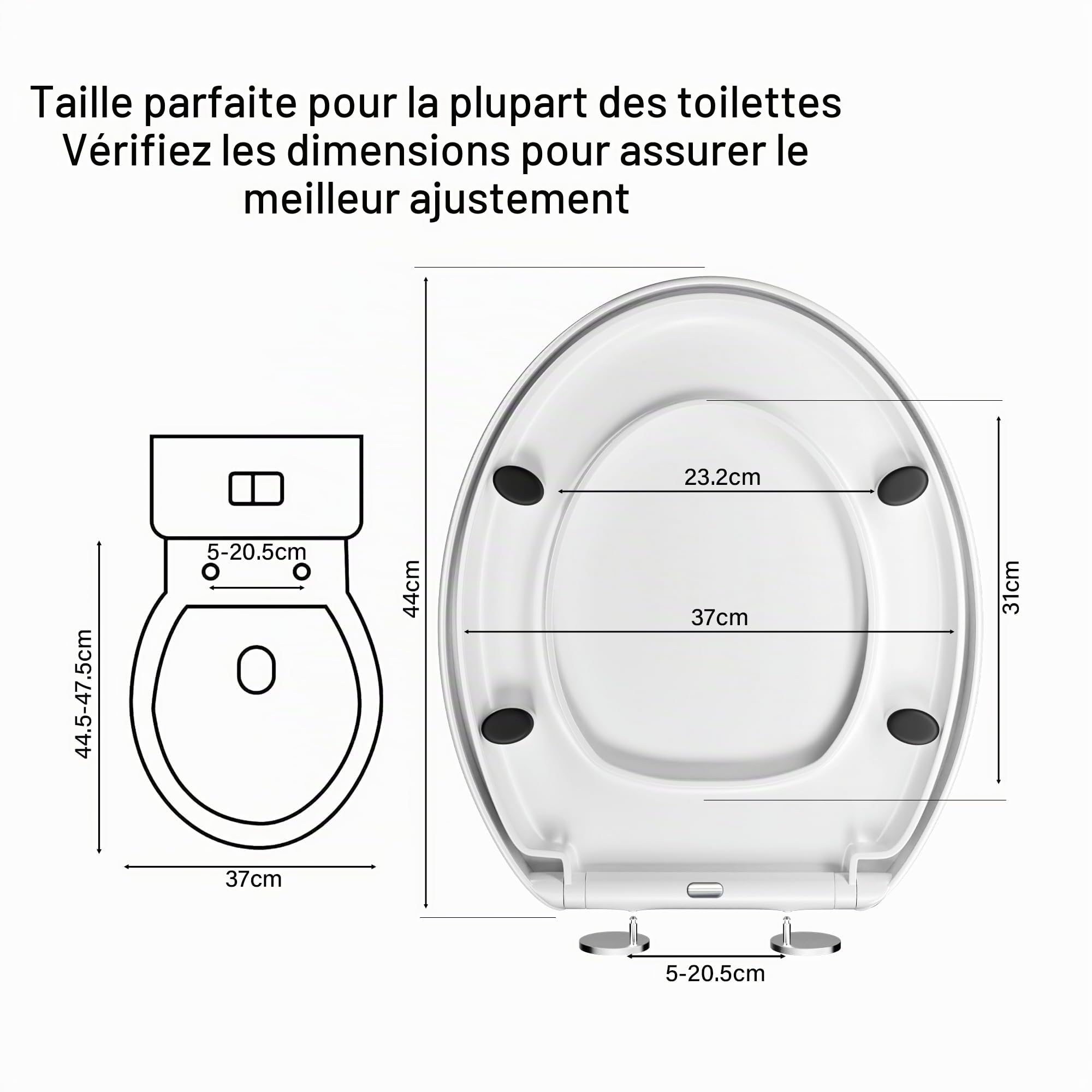 Abattant WC à fermeture amortie avec libération rapide pour un nettoyage facile, siège de toilette standard ovale, fixation par le haut, siège de toilette universel, anti-claquement, blanc