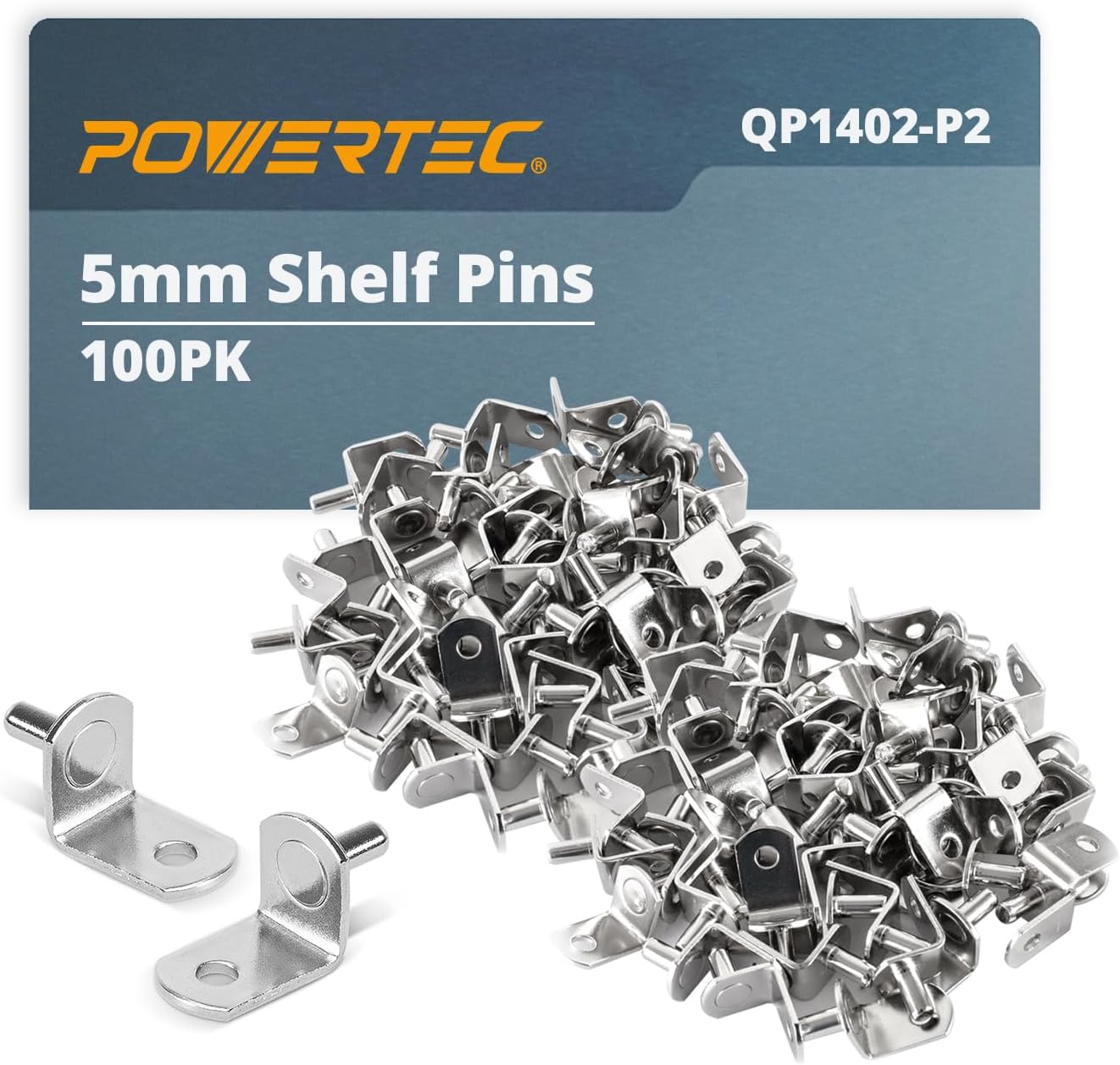 POWERTEC QP1402-P2V 5mm Shelf Pegs 100 pcs, L-Shaped Bracket with Hole Shelf Pins Support Pegs for Shelves, Kitchen Cabinet Shelf, Bookshelf, Closet and Furniture, Nickel Plated Shelf Holders Pegs