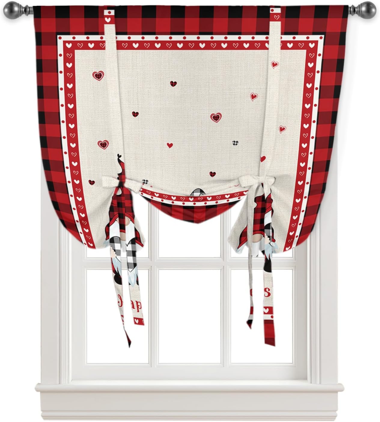 Valentines Dwarfs Red Fallen Love Tie Up Window Shade Curtain Retro Linen Hearts Buffalo Check Kitchen Adjustable Balloon Curtains Shades Drape 52x63In for Living Room/Bedroom/Cafe Windows