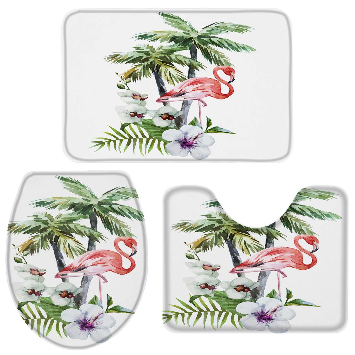 3 Pieces Bath Rug Set Toilet Seat Cover Flamingo Flowers Palm Tree Print Contour Rug, Pedestal Mat and Toilet Lid Cover?Non-Slip Bathroom Floor Mat L