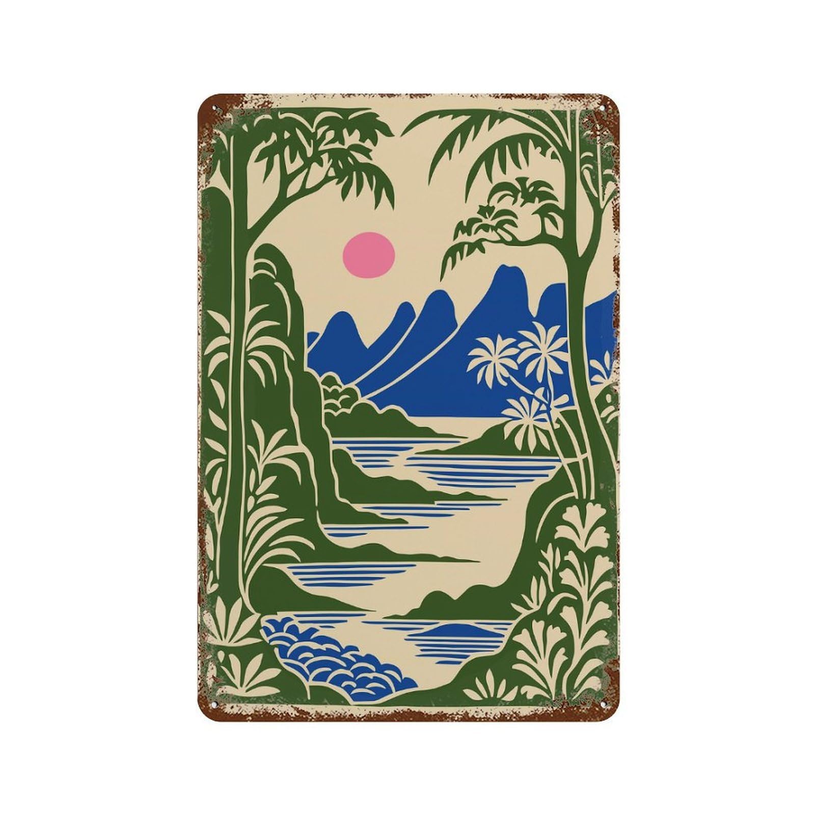 Tropical Landscape with Pink Sun 11.8"x7.9" Distressed Metal Wall Sign, Retro Wall Decor for Garage, Bar And Workshop Decor