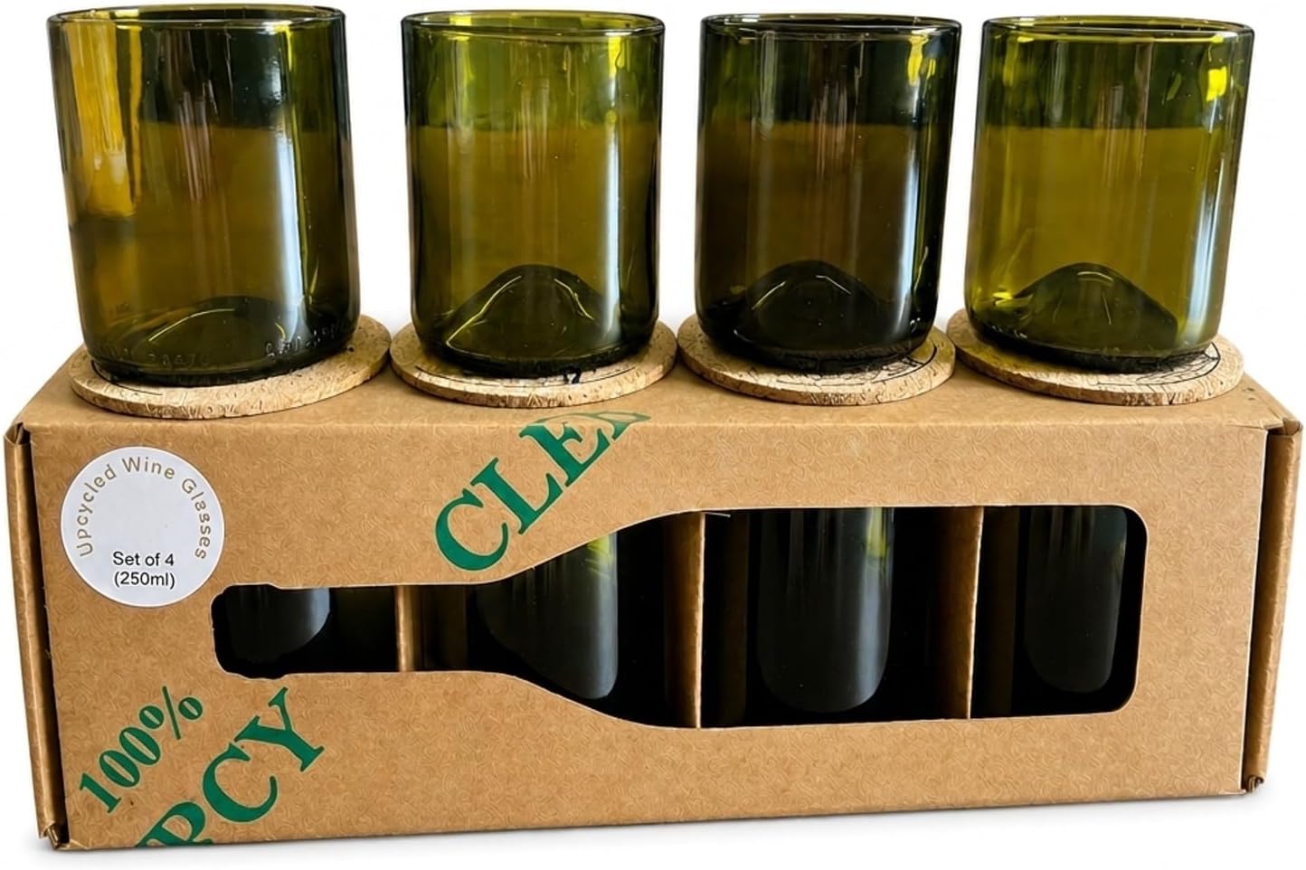 Upcycled Wine Bottle Drinking Glasses Set of 4 with Cork Coasters, 8.45 oz / 250ml Handmade Reclaimed Clear Glass Tumblers, Eco Friendly Artisan Drinkware Gift, Made in Goa India by O.U.A.T