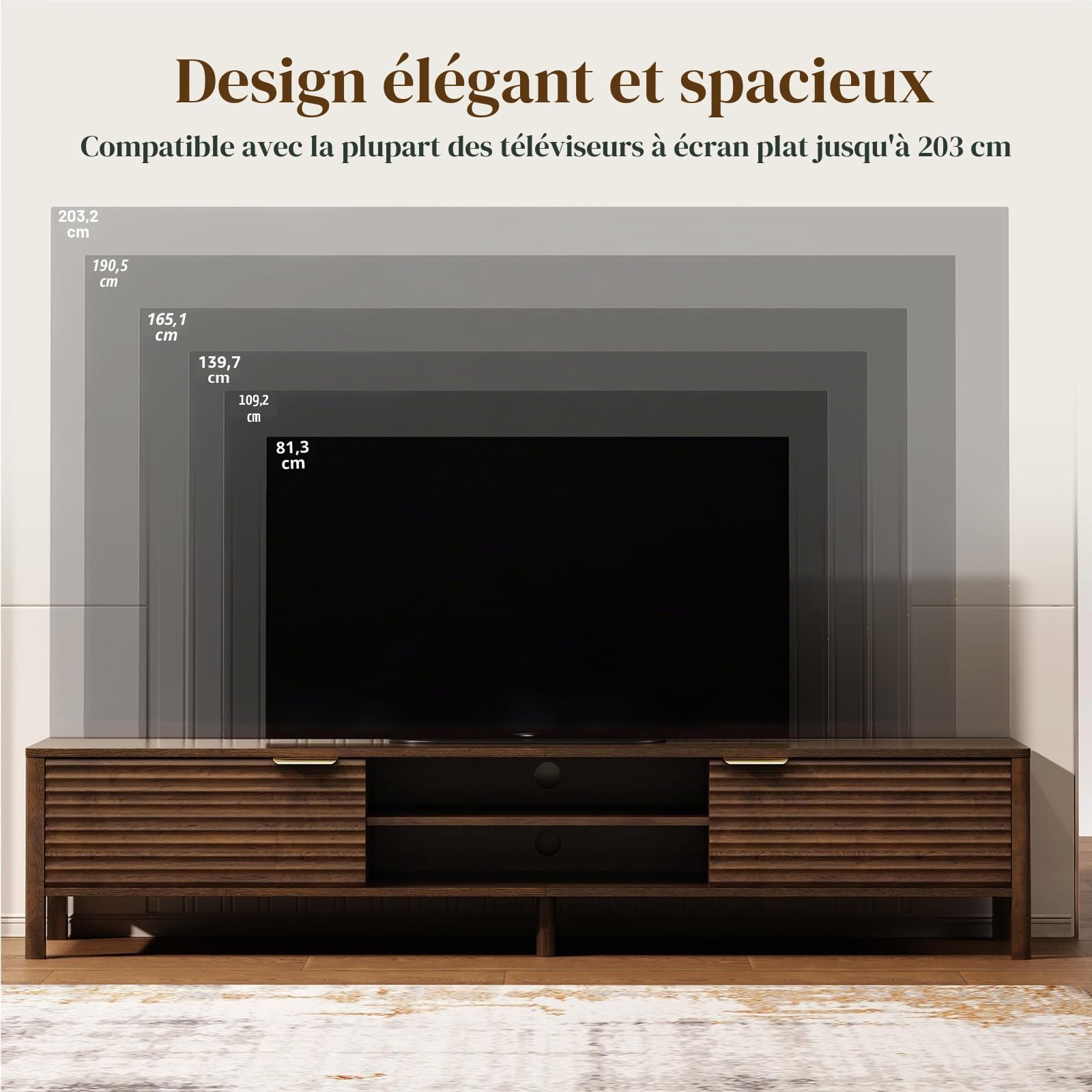 IKALIFE Meuble TV Bas Bois avec Rangement Marron 200 cm Longueur | Meuble TV avec 2 Portes, Meuble Tele pour Téléviseur jusqu'à 80 Pouces, Table TV Moderne, Meuble TV pour Salon et Chambre