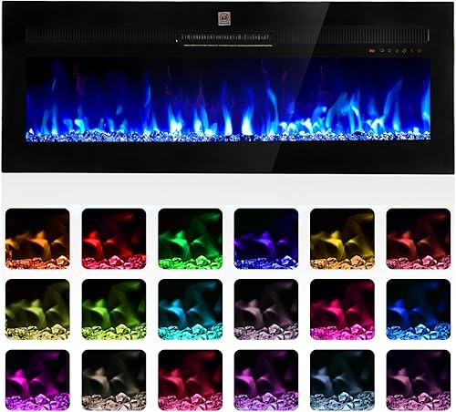 TCFUNDY Chimenea eléctrica de 50 pulgadas montada en la pared y empotrada, calentador de chimenea con 20 colores de llama ajustables y 5 velocidades